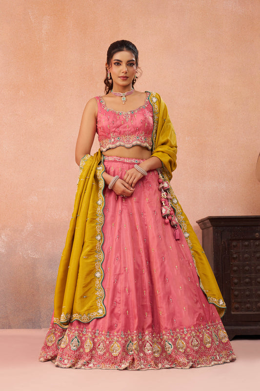 Pink Cosmos Silk Beads & Sequins Embroidered Lehenga for Guest
