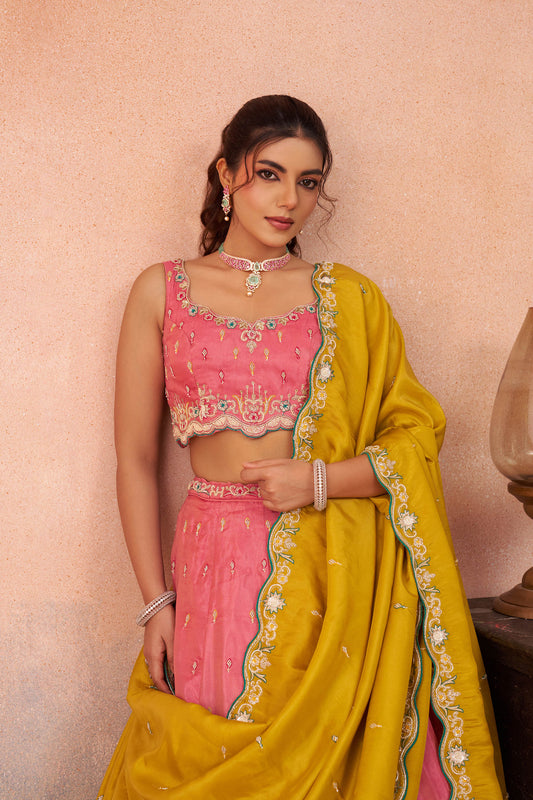 Pink Cosmos Silk Beads & Sequins Embroidered Lehenga for Guest