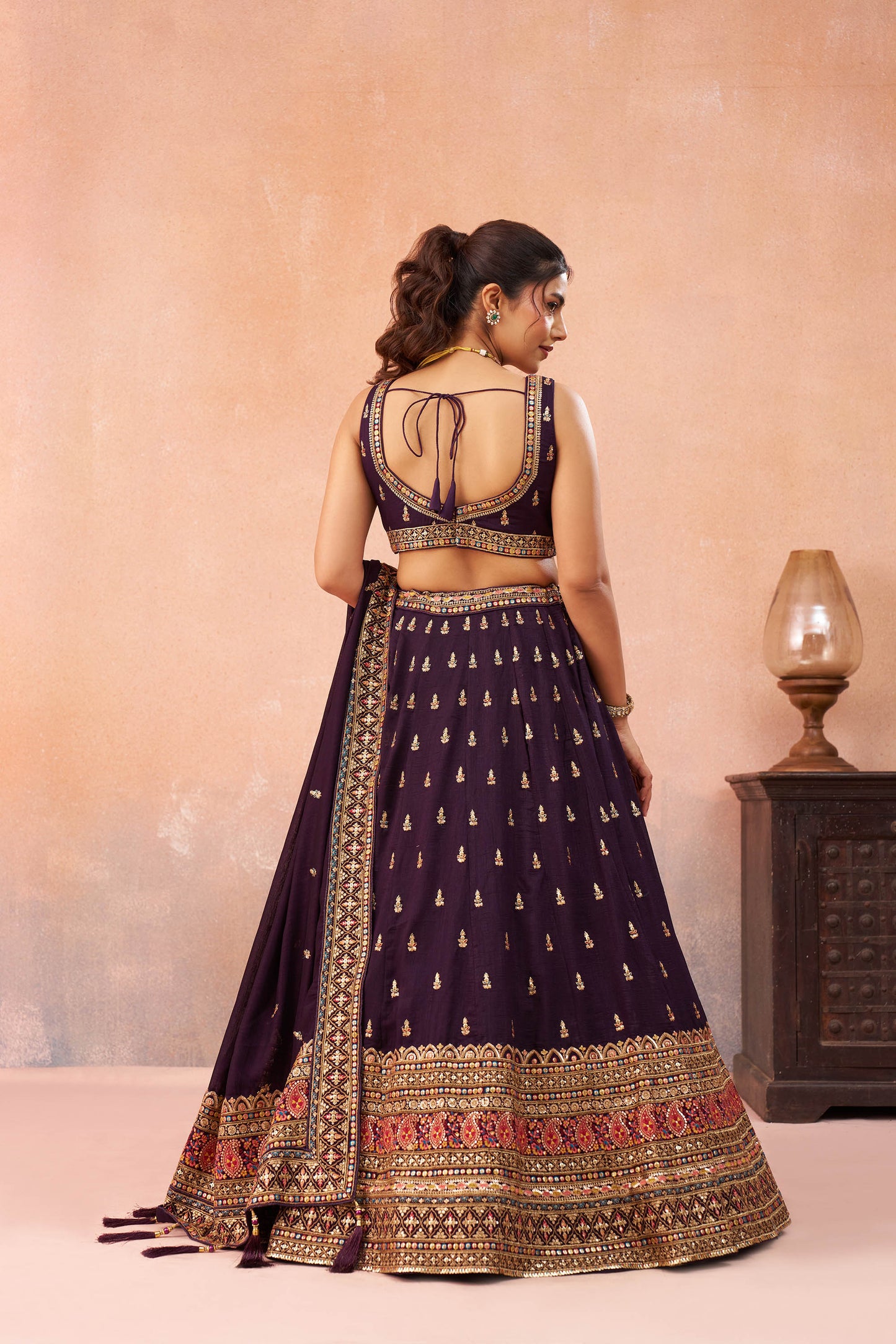 Purple Chinnon Silk Sequins, Thread & Zari Embroidered Lehenga Choli