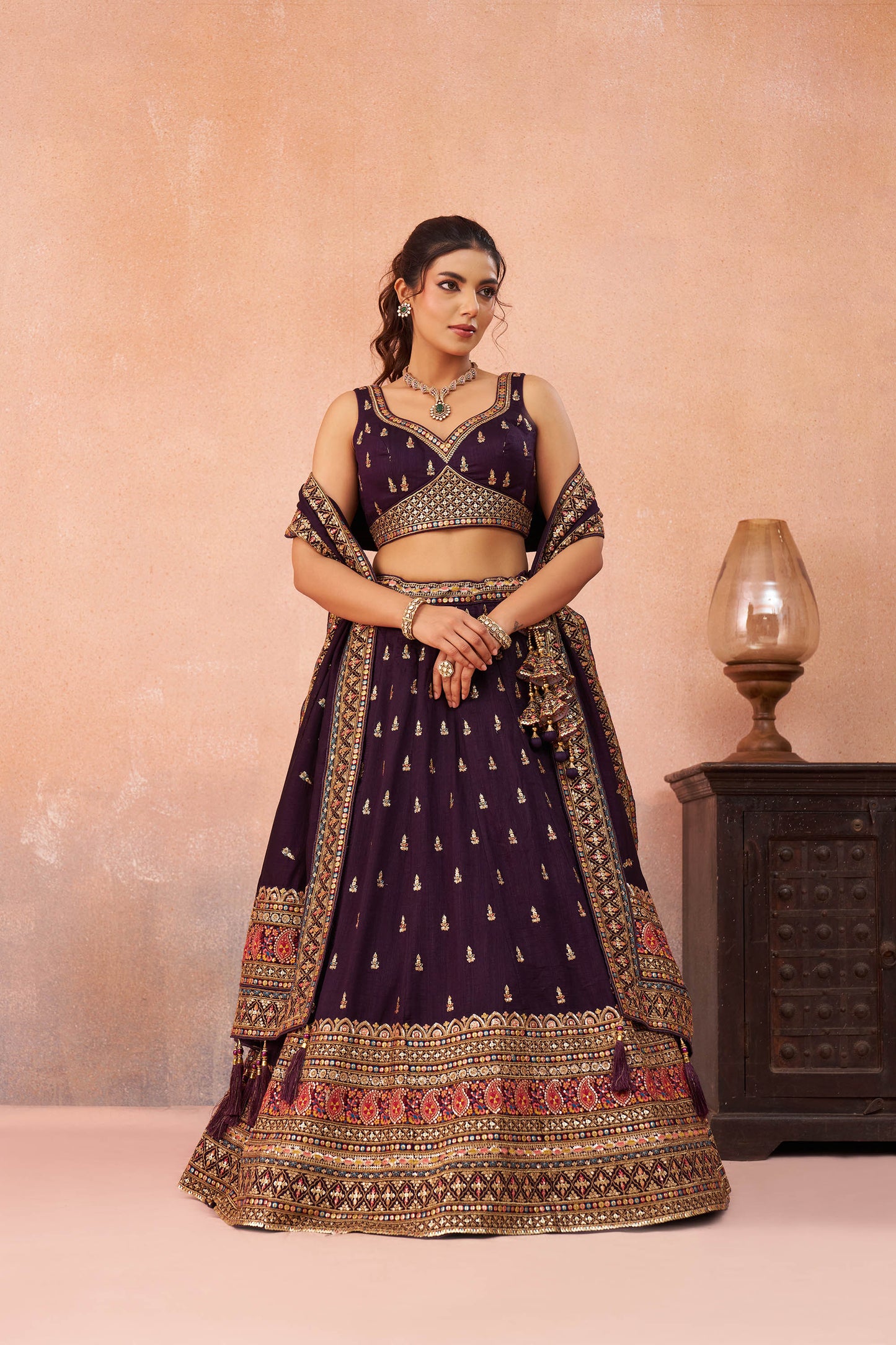 Purple Chinnon Silk Sequins, Thread & Zari Embroidered Lehenga Choli
