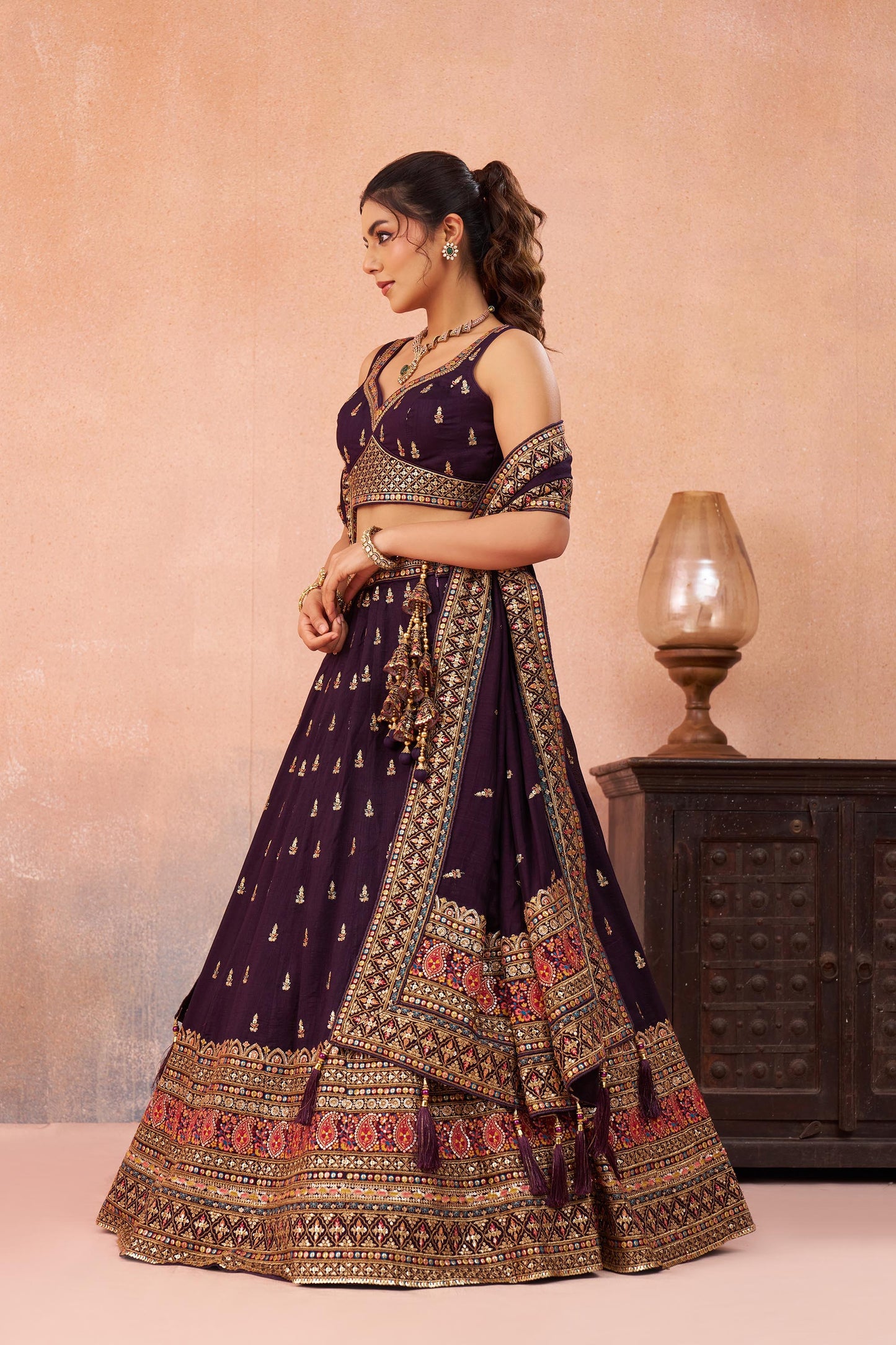 Purple Chinnon Silk Sequins, Thread & Zari Embroidered Lehenga Choli
