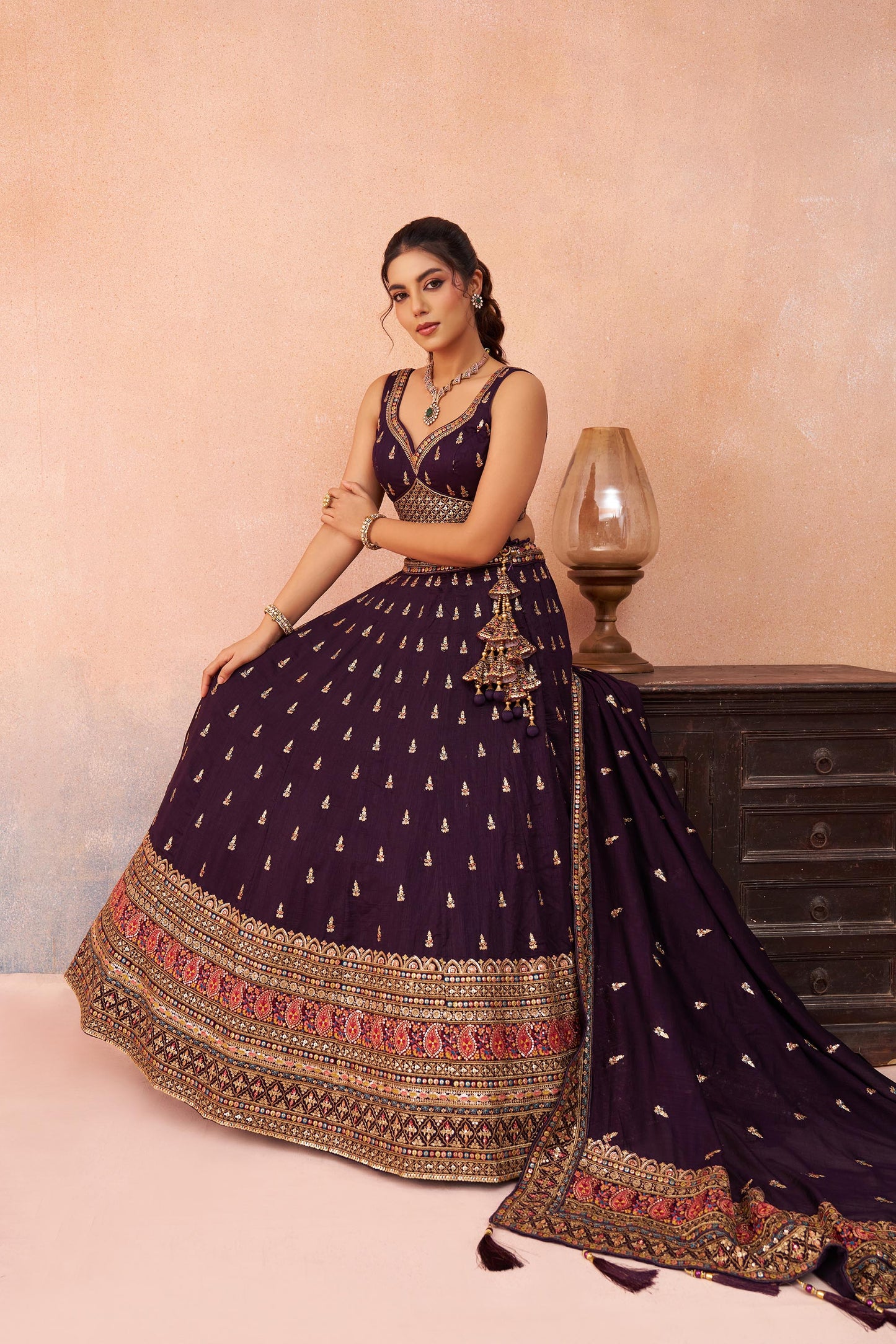 Purple Chinnon Silk Sequins, Thread & Zari Embroidered Lehenga Choli