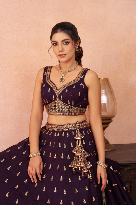 Purple Chinnon Silk Sequins, Thread & Zari Embroidered Lehenga Choli