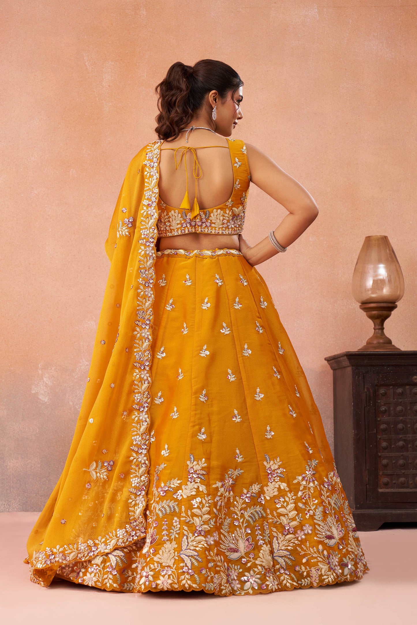 Mustard Tissue Sequinned with Zari Embroidered Haldi Lehenga