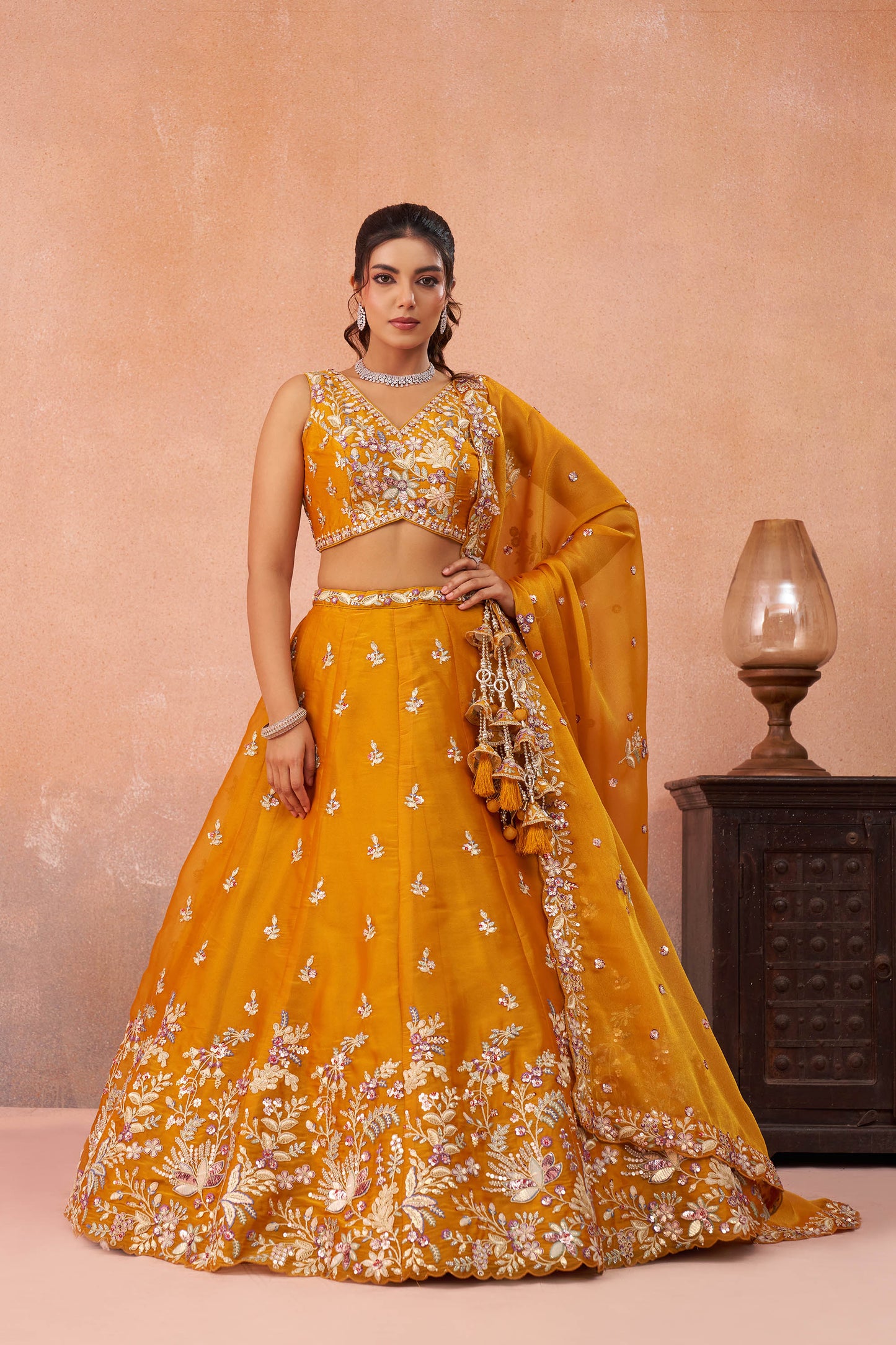 Mustard Tissue Sequinned with Zari Embroidered Haldi Lehenga