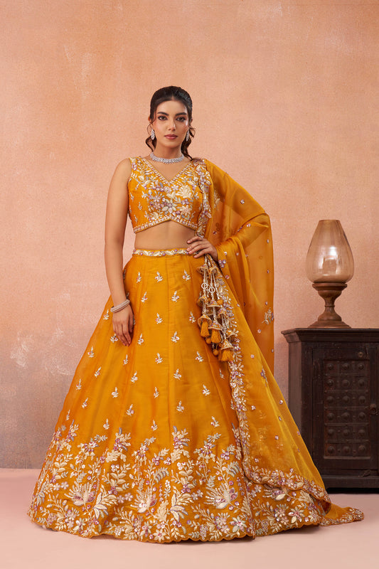 Mustard Tissue Sequinned with Zari Embroidered Haldi Lehenga