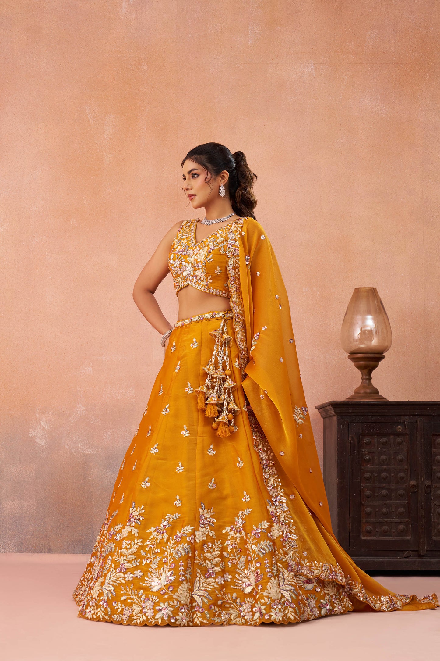 Mustard Tissue Sequinned with Zari Embroidered Haldi Lehenga