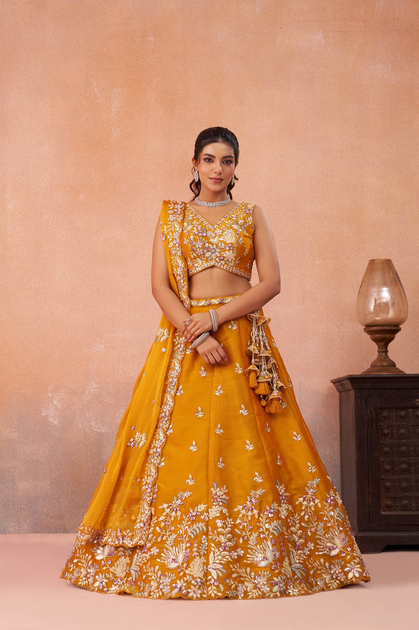 Mustard Tissue Sequinned with Zari Embroidered Haldi Lehenga