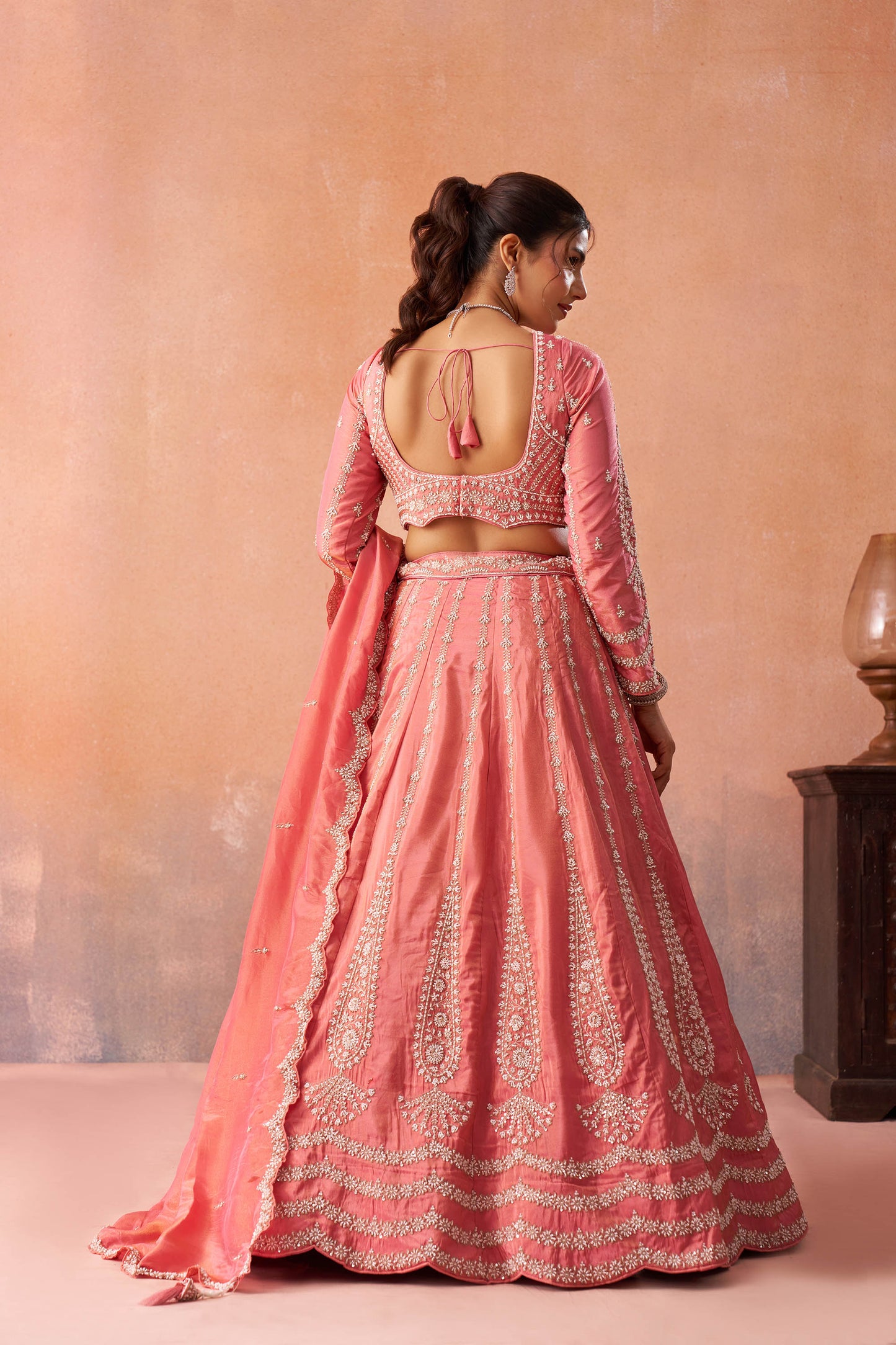 Peach Tissue Beads & Sequins Embroidered Lehenga Choli for Engagement