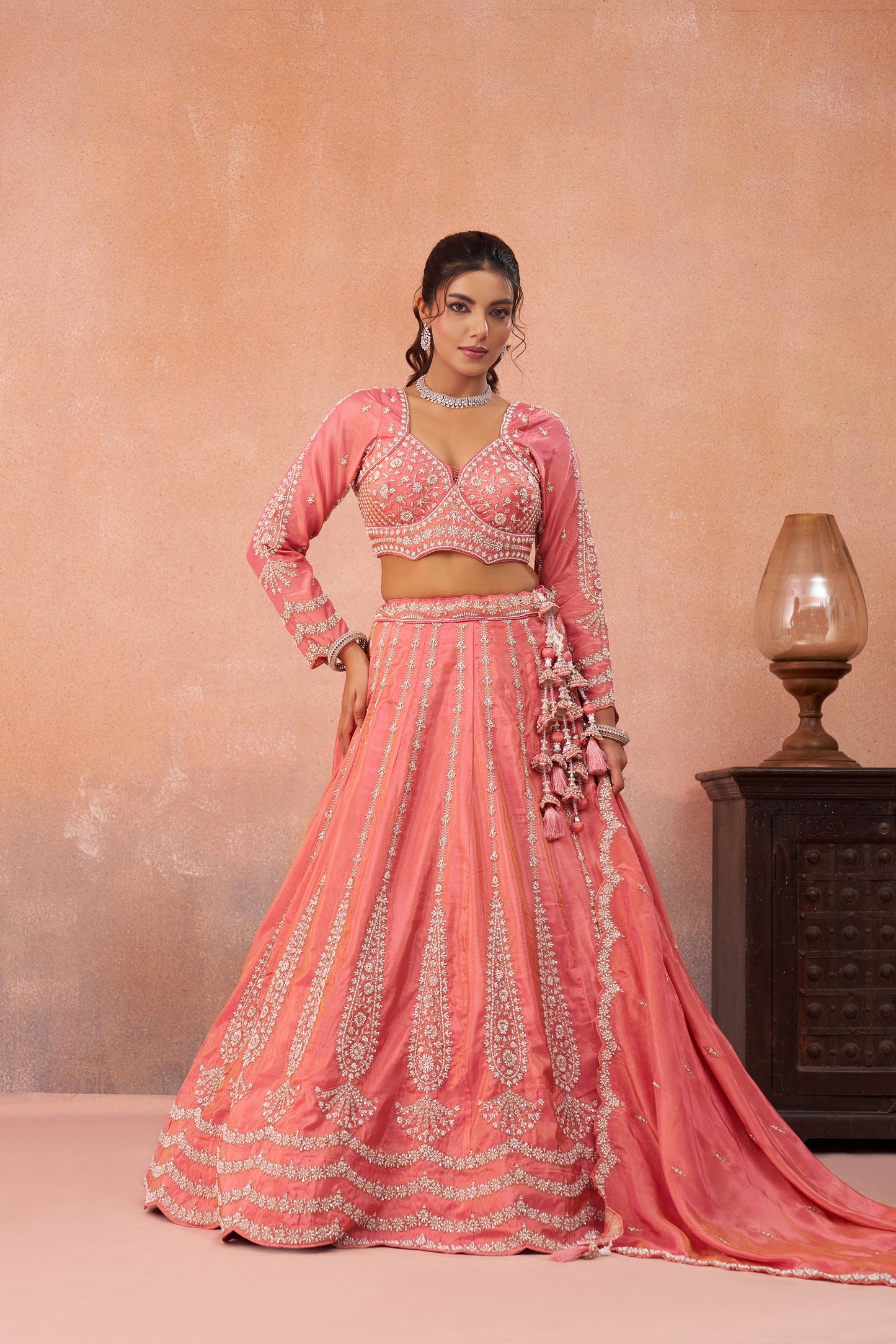 Peach Tissue Beads & Sequins Embroidered Lehenga Choli for Engagement
