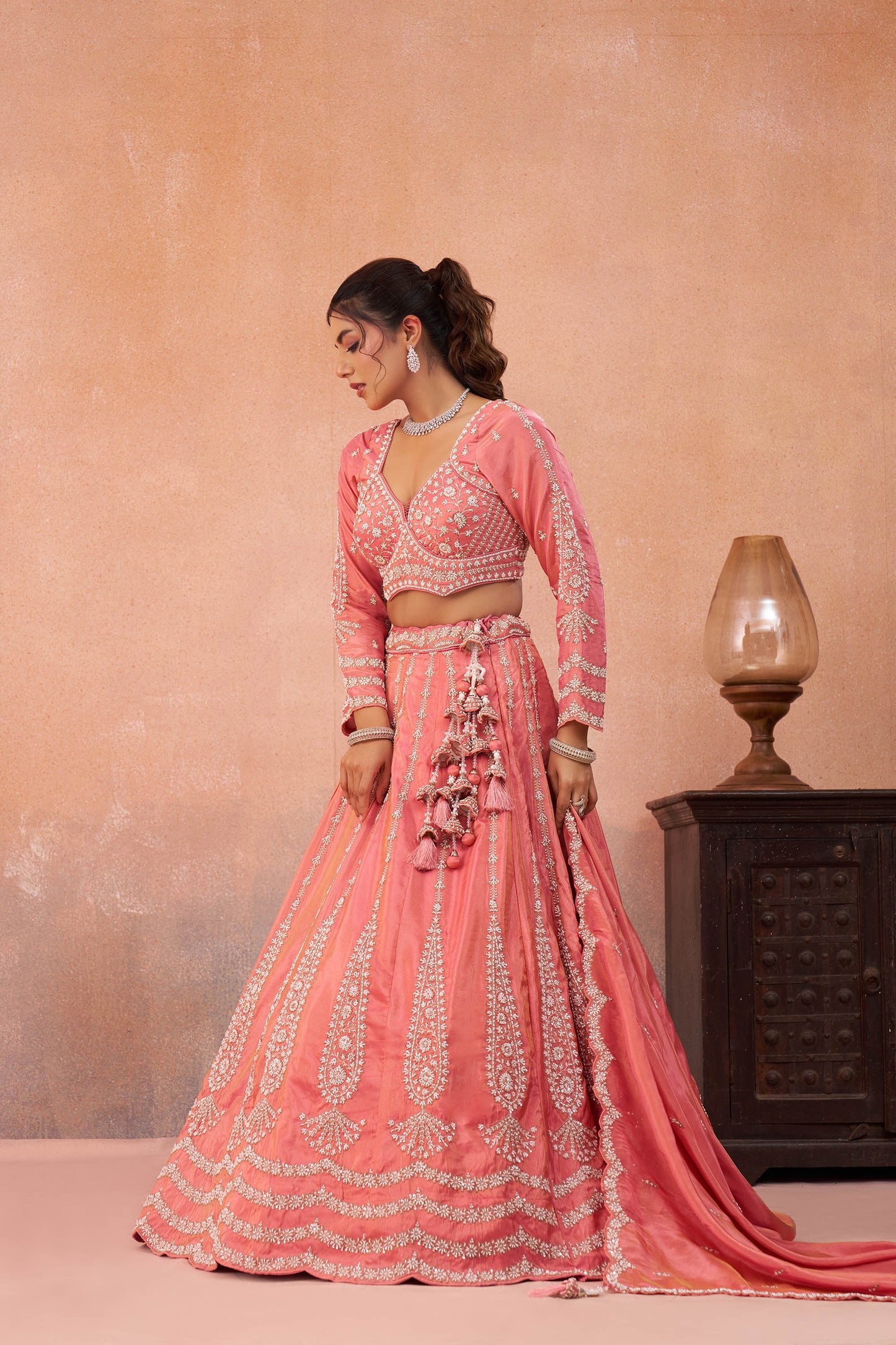 Peach Tissue Beads & Sequins Embroidered Lehenga Choli for Engagement