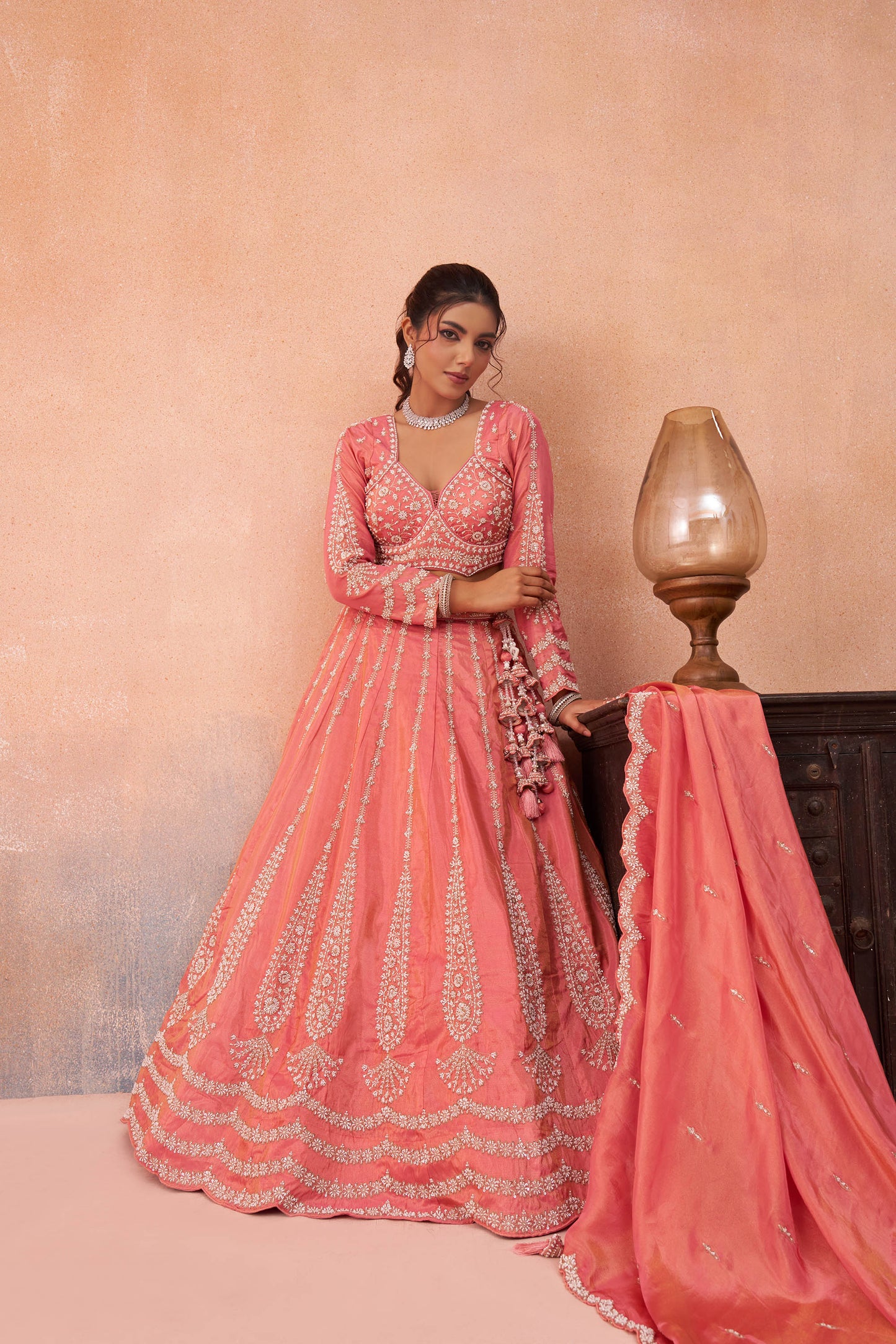 Peach Tissue Beads & Sequins Embroidered Lehenga Choli for Engagement