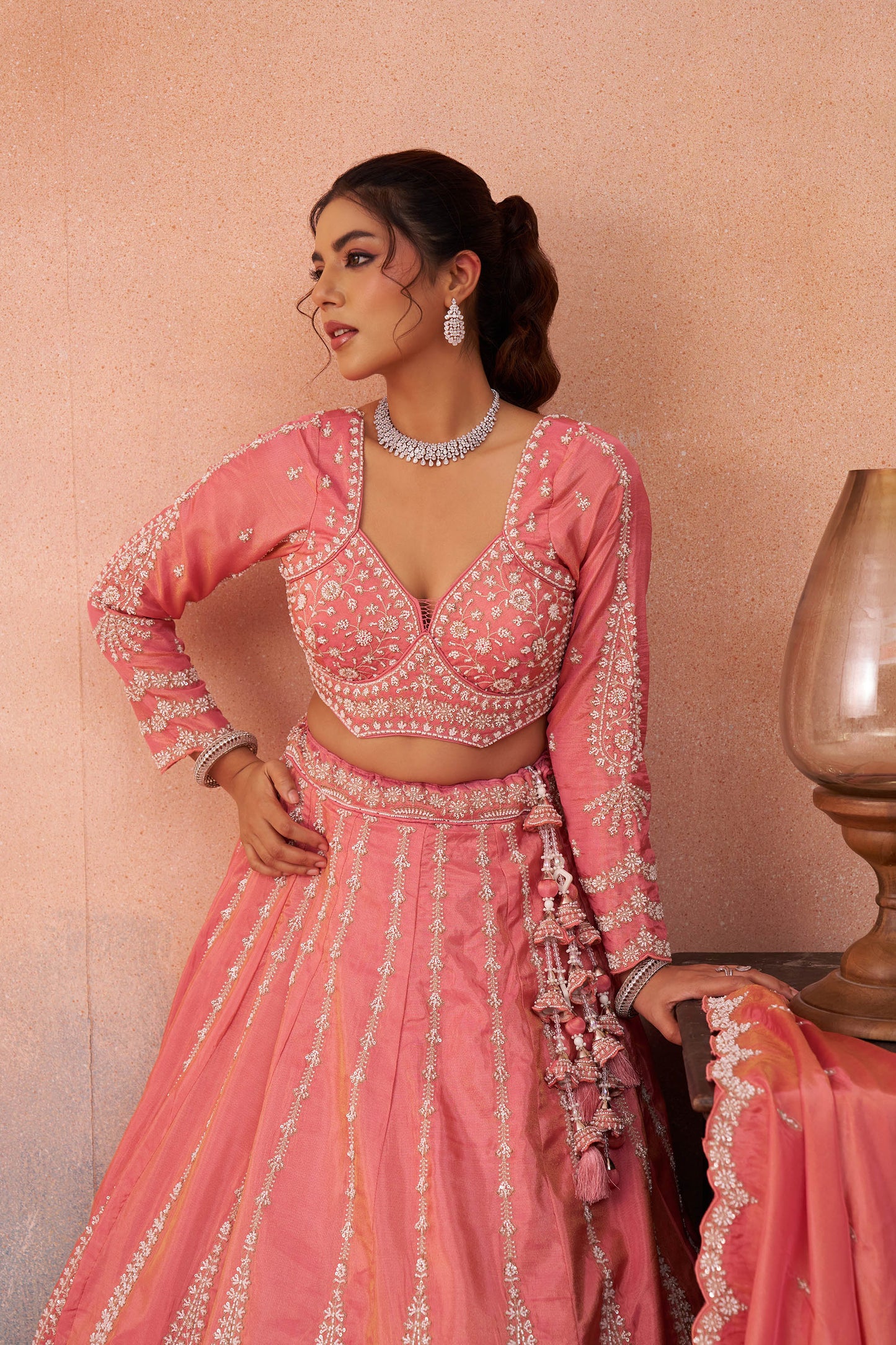 Peach Tissue Beads & Sequins Embroidered Lehenga Choli for Engagement