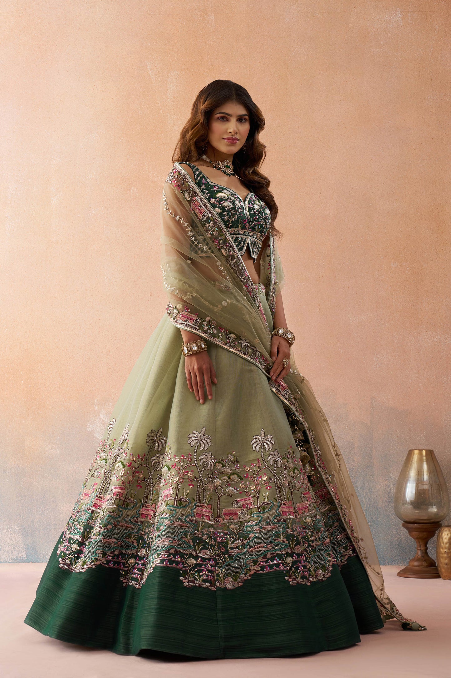 Ombre Green and Lime Green Net Sequins Embroidered Bridal Lehenga choli for Mehendi