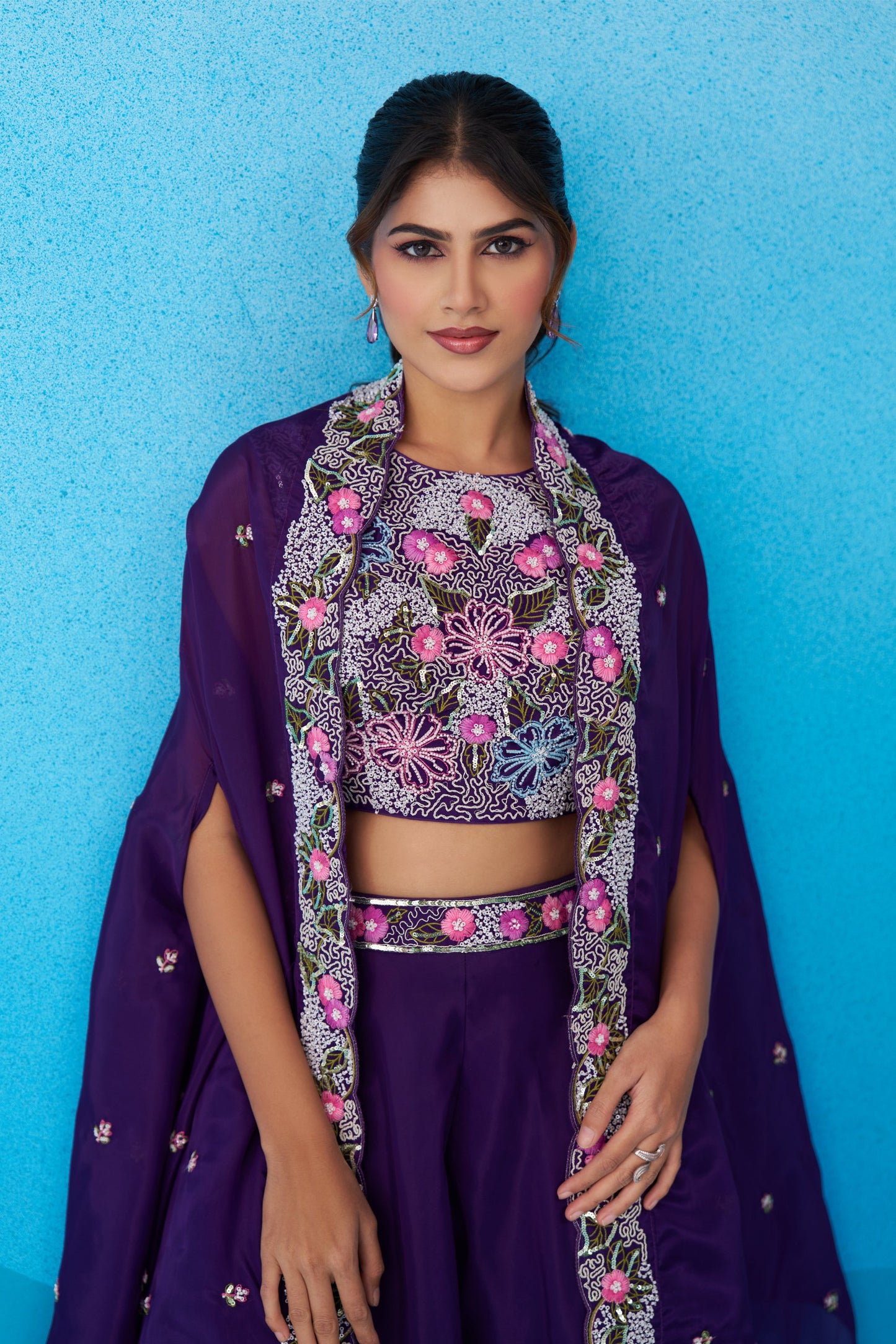 Royal Purple Crepe Beads Embroidered Crop Top with Flared Palazzo Set for Bridesmaid
