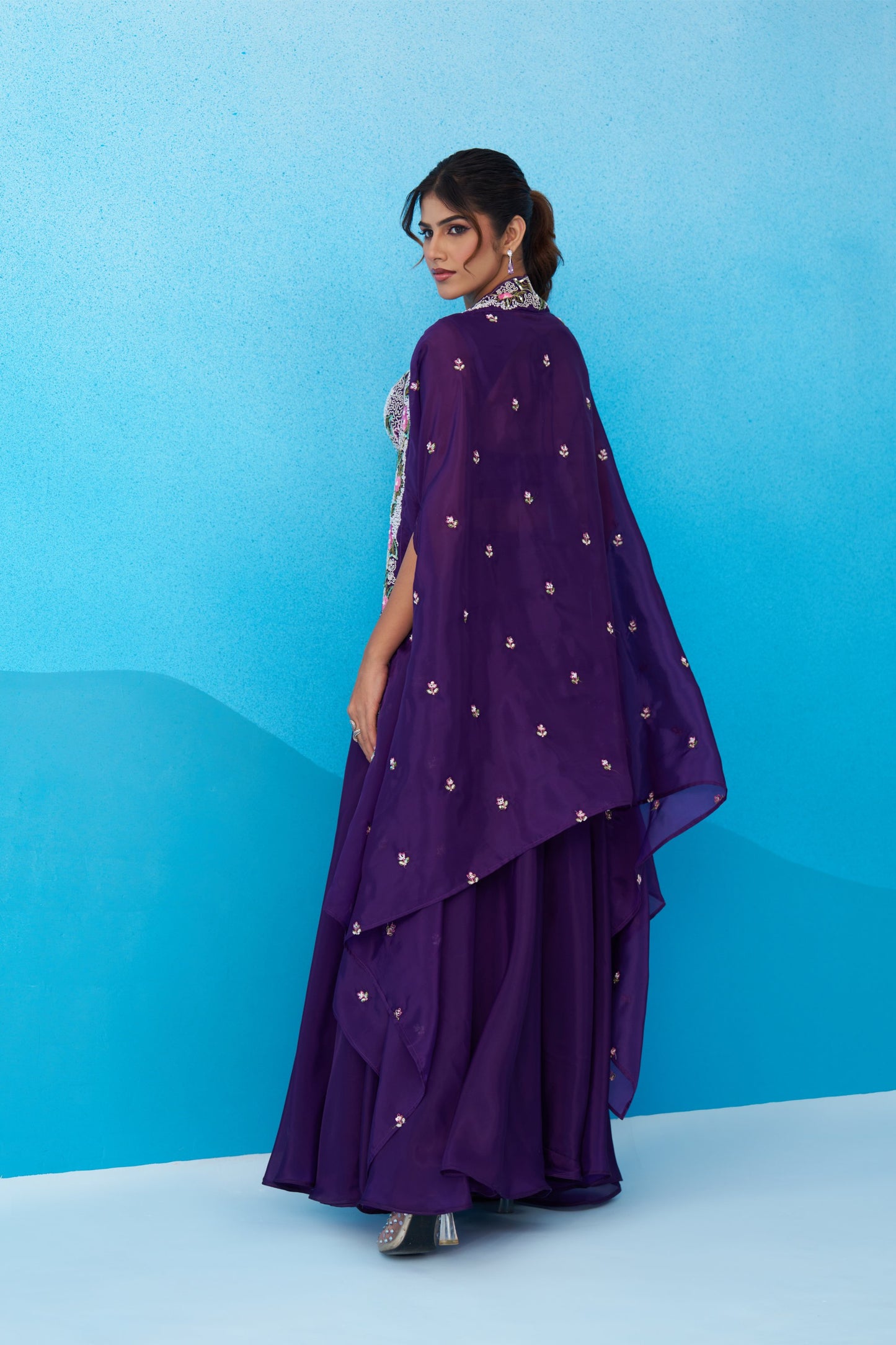 Royal Purple Crepe Beads Embroidered Crop Top with Flared Palazzo Set for Bridesmaid