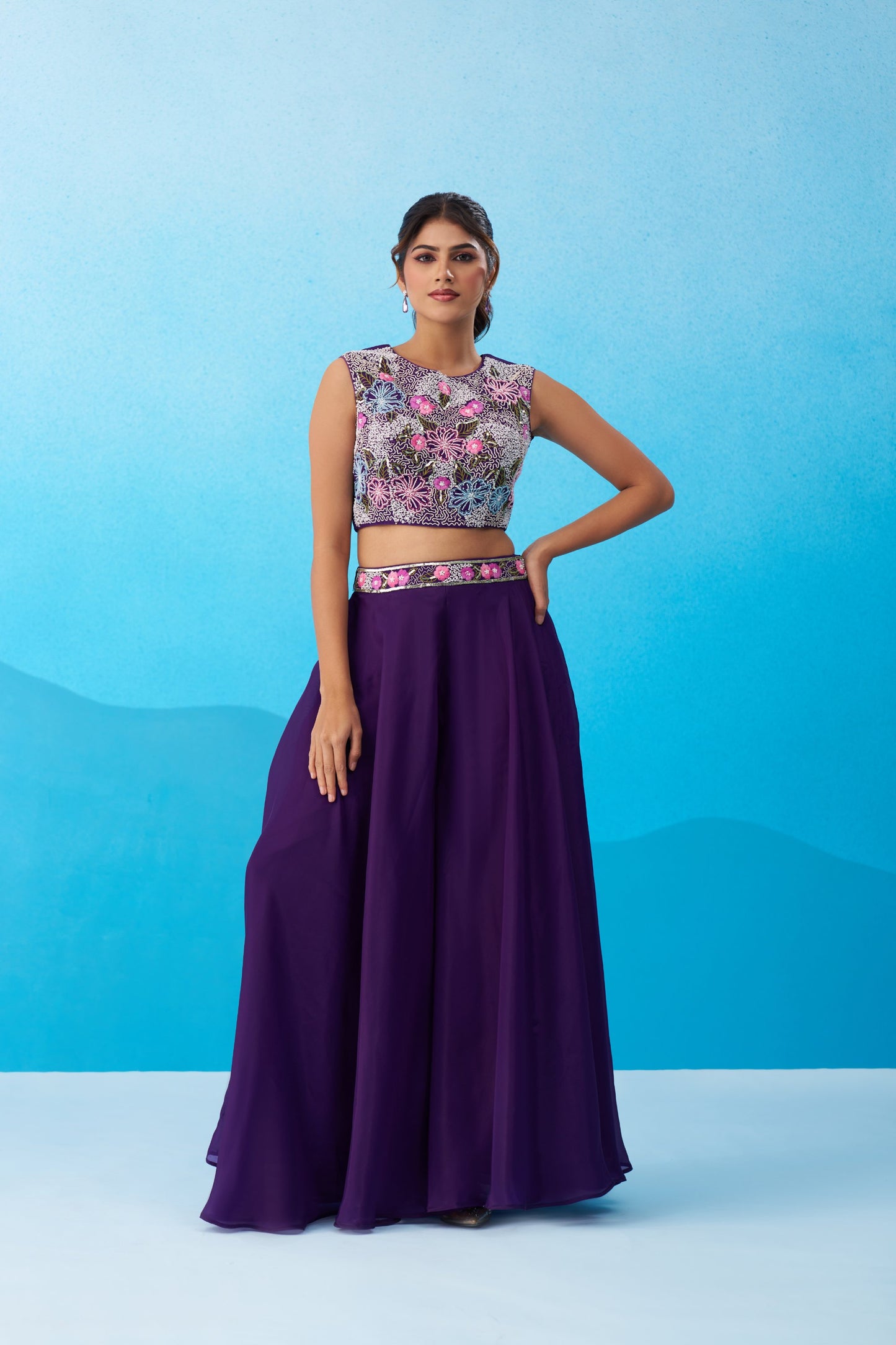 Royal Purple Crepe Beads Embroidered Crop Top with Flared Palazzo Set for Bridesmaid