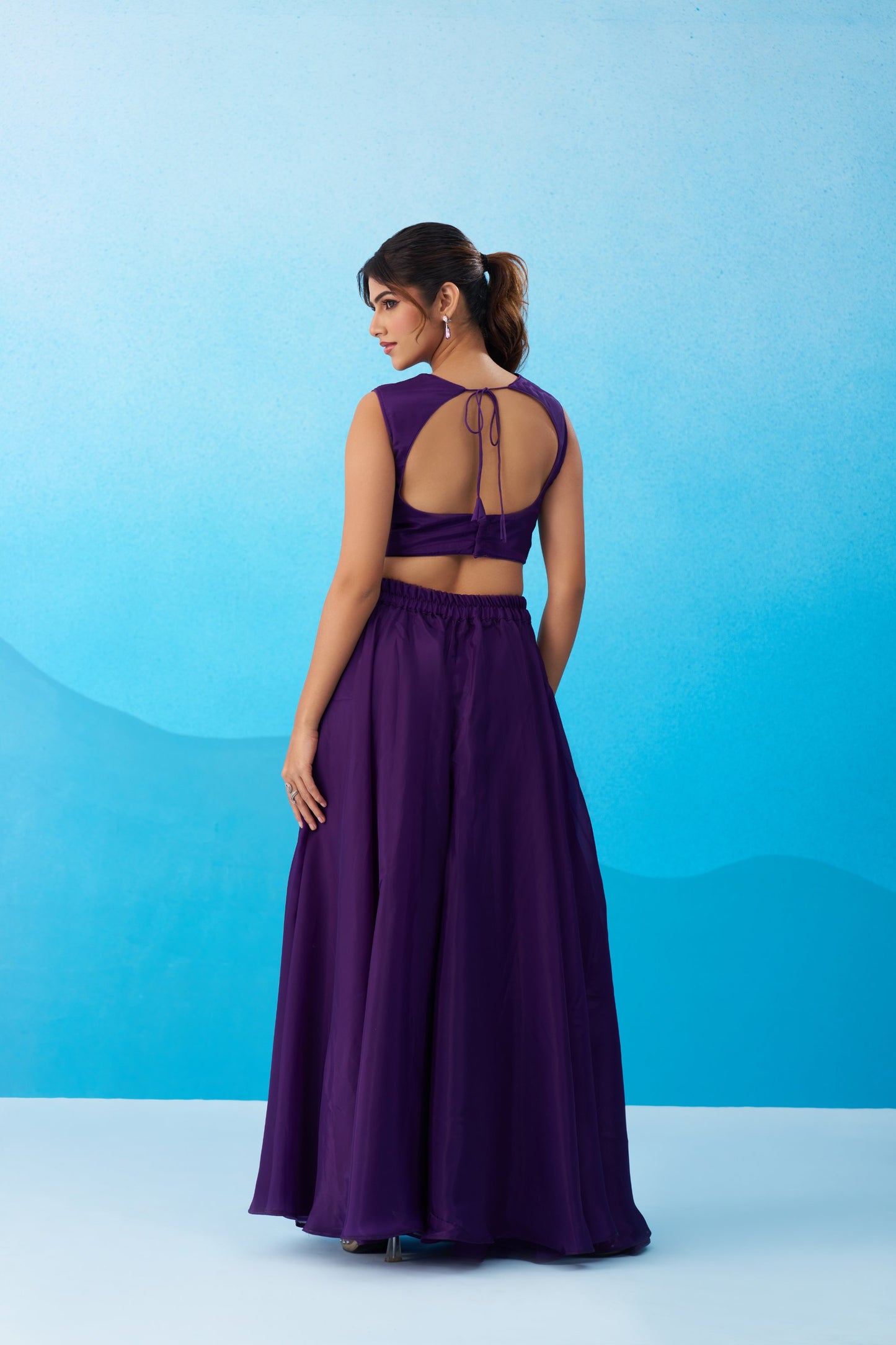 Royal Purple Crepe Beads Embroidered Crop Top with Flared Palazzo Set for Bridesmaid