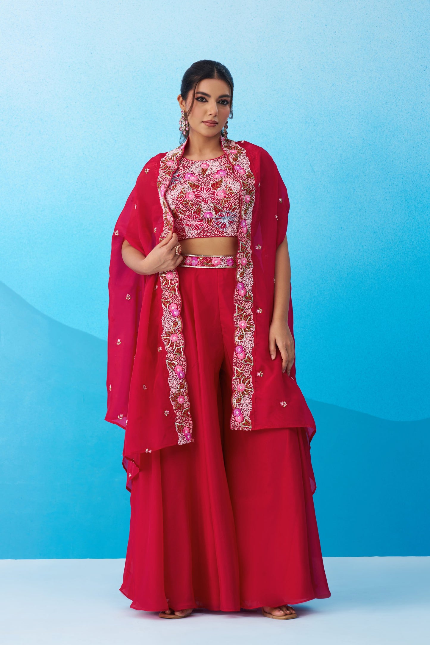 Pink Crepe Beads Embroidered Crop Top with Flared Palazzo Set for Bridesmaid