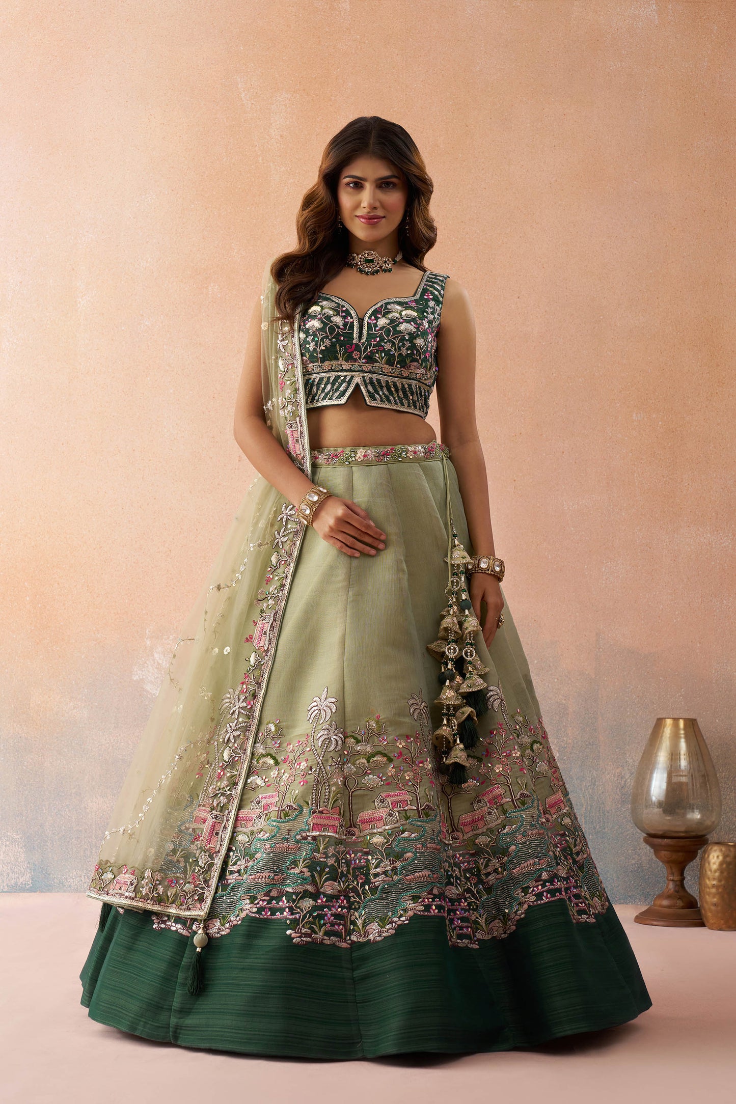 Ombre Green and Lime Green Net Sequins Embroidered Bridal Lehenga choli for Mehendi