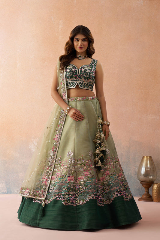 Ombre Green and Lime Green Net Sequins Embroidered Bridal Lehenga choli for Mehendi