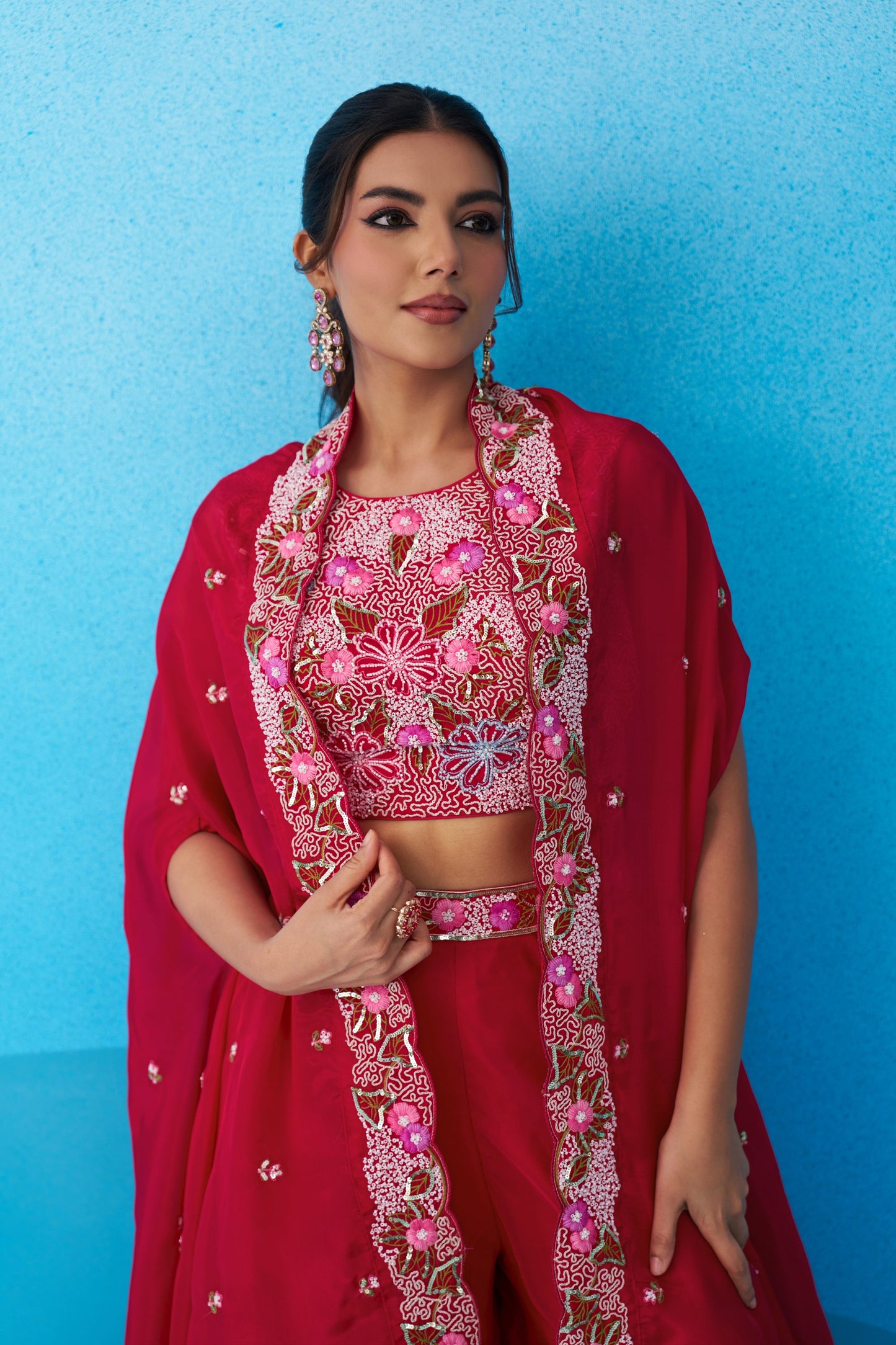 Pink Crepe Beads Embroidered Crop Top with Flared Palazzo Set for Bridesmaid