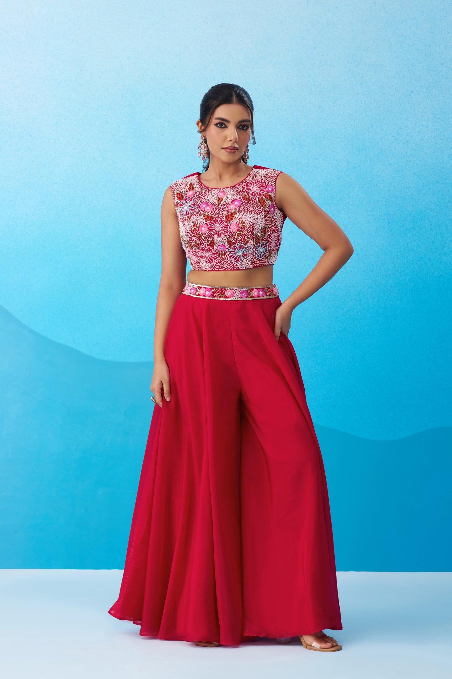 Pink Crepe Beads Embroidered Crop Top with Flared Palazzo Set for Bridesmaid