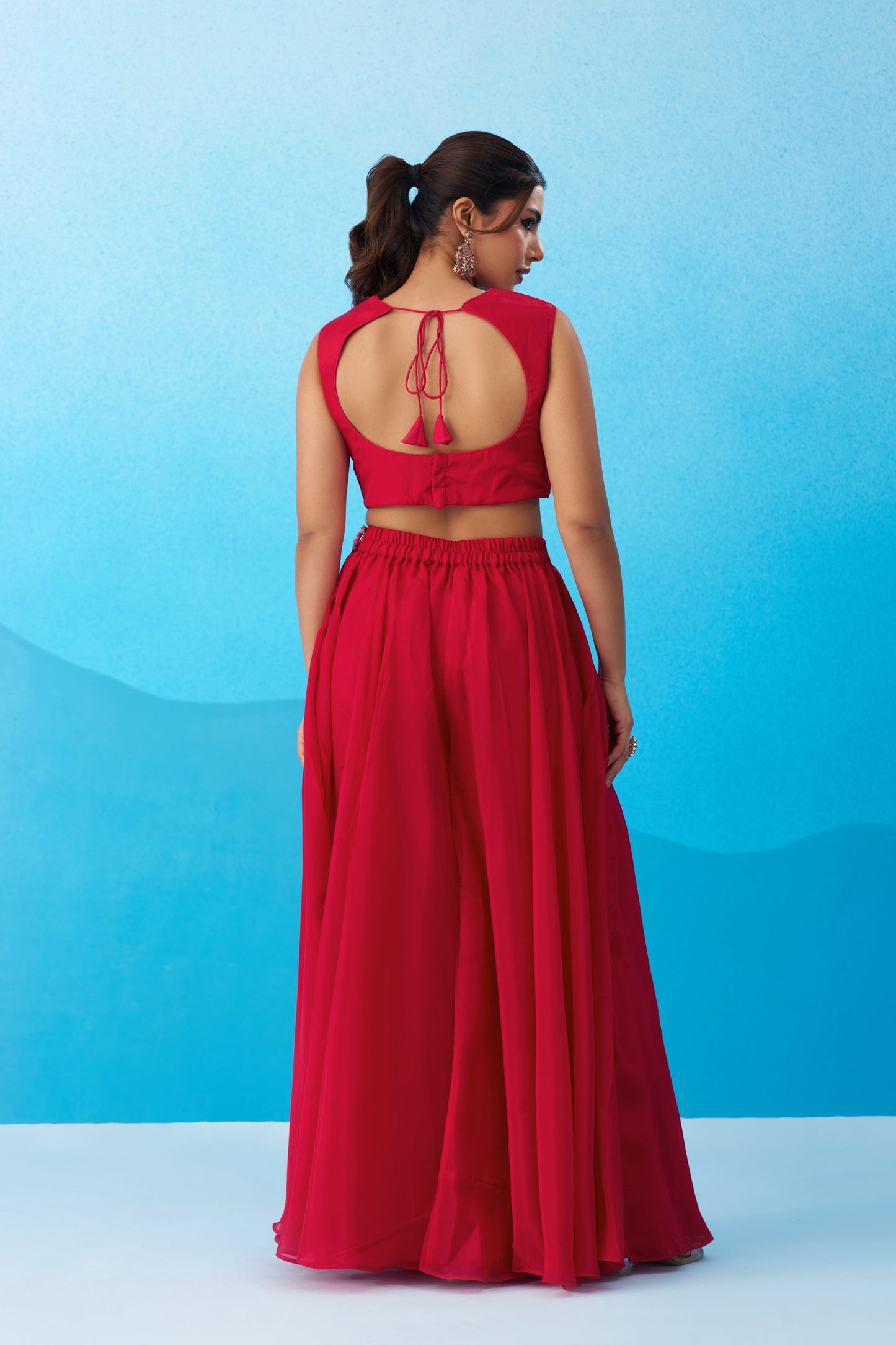 Pink Crepe Beads Embroidered Crop Top with Flared Palazzo Set for Bridesmaid