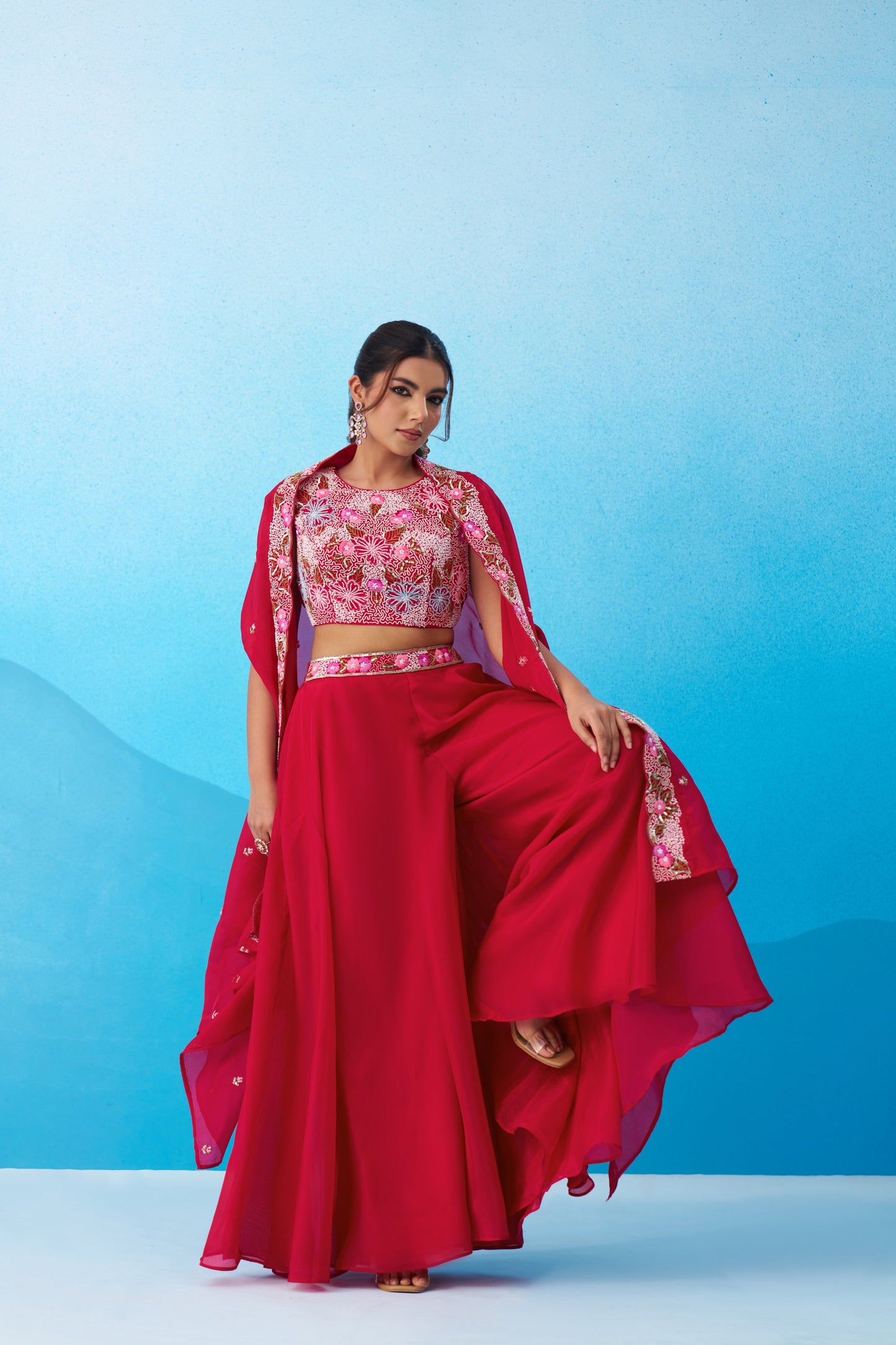 Pink Crepe Beads Embroidered Crop Top with Flared Palazzo Set for Bridesmaid