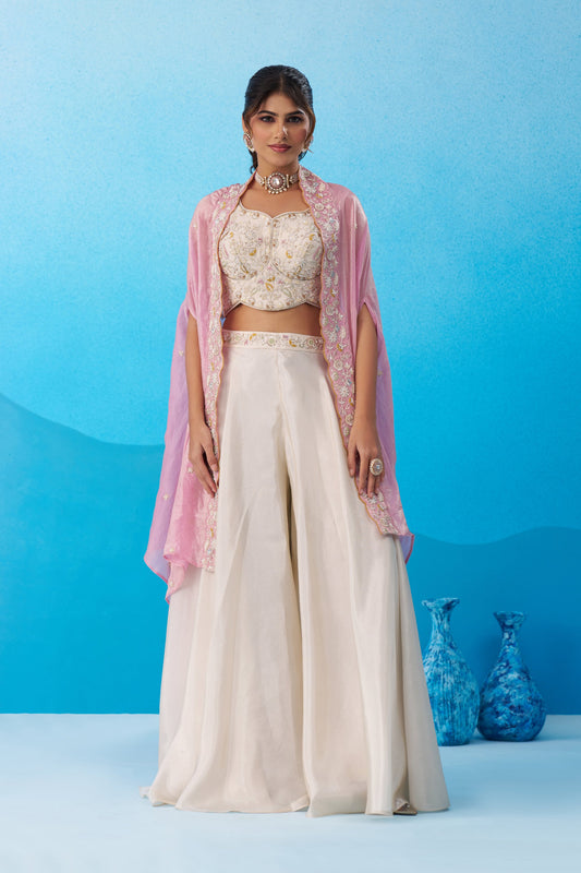 Cream Viscose Beads Embroidered Crop Top Palazzo Set