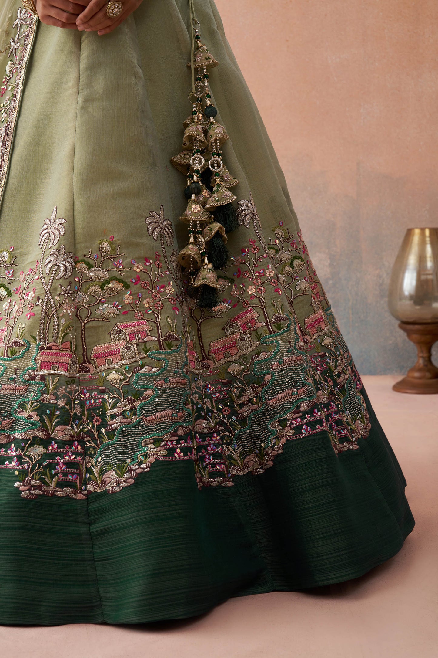 Ombre Green and Lime Green Net Sequins Embroidered Bridal Lehenga choli for Mehendi