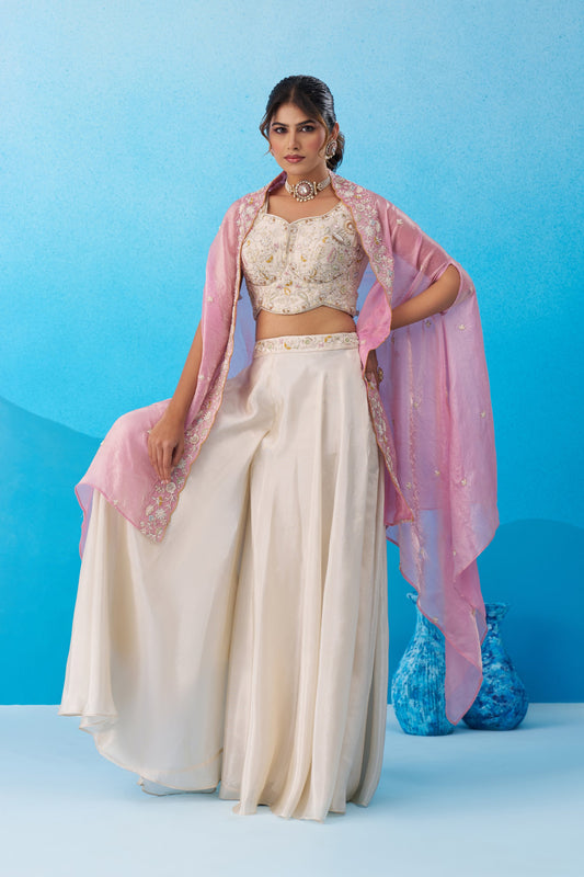 Cream Viscose Beads Embroidered Crop Top Palazzo Set