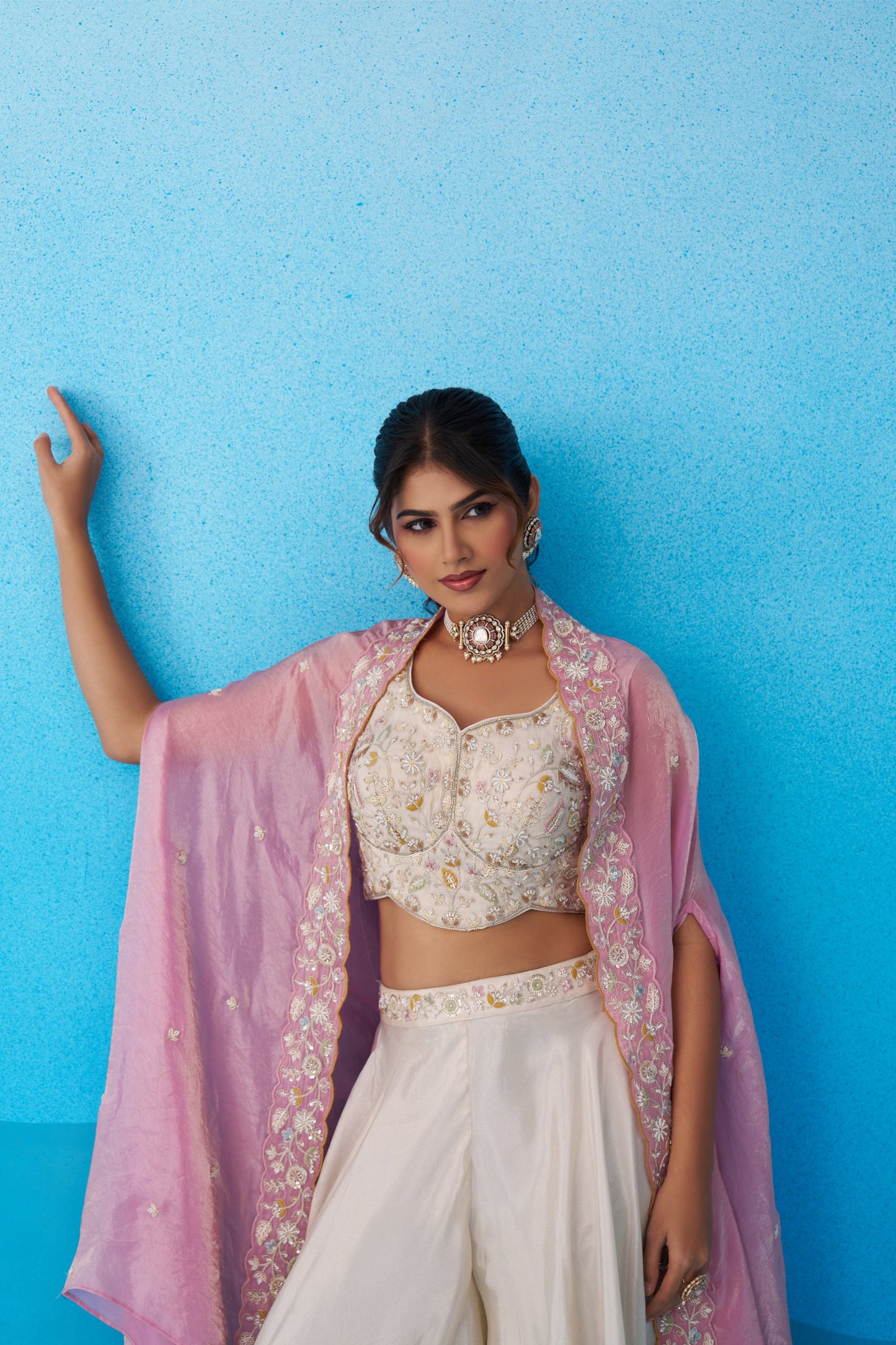 Cream Viscose Beads Embroidered Crop Top Palazzo Set
