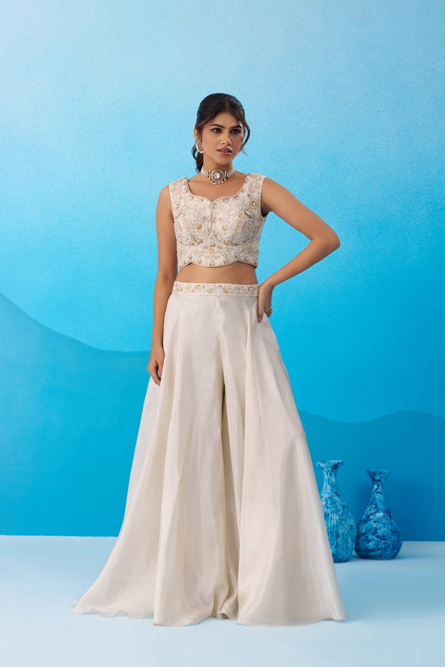 Cream Viscose Beads Embroidered Crop Top Palazzo Set