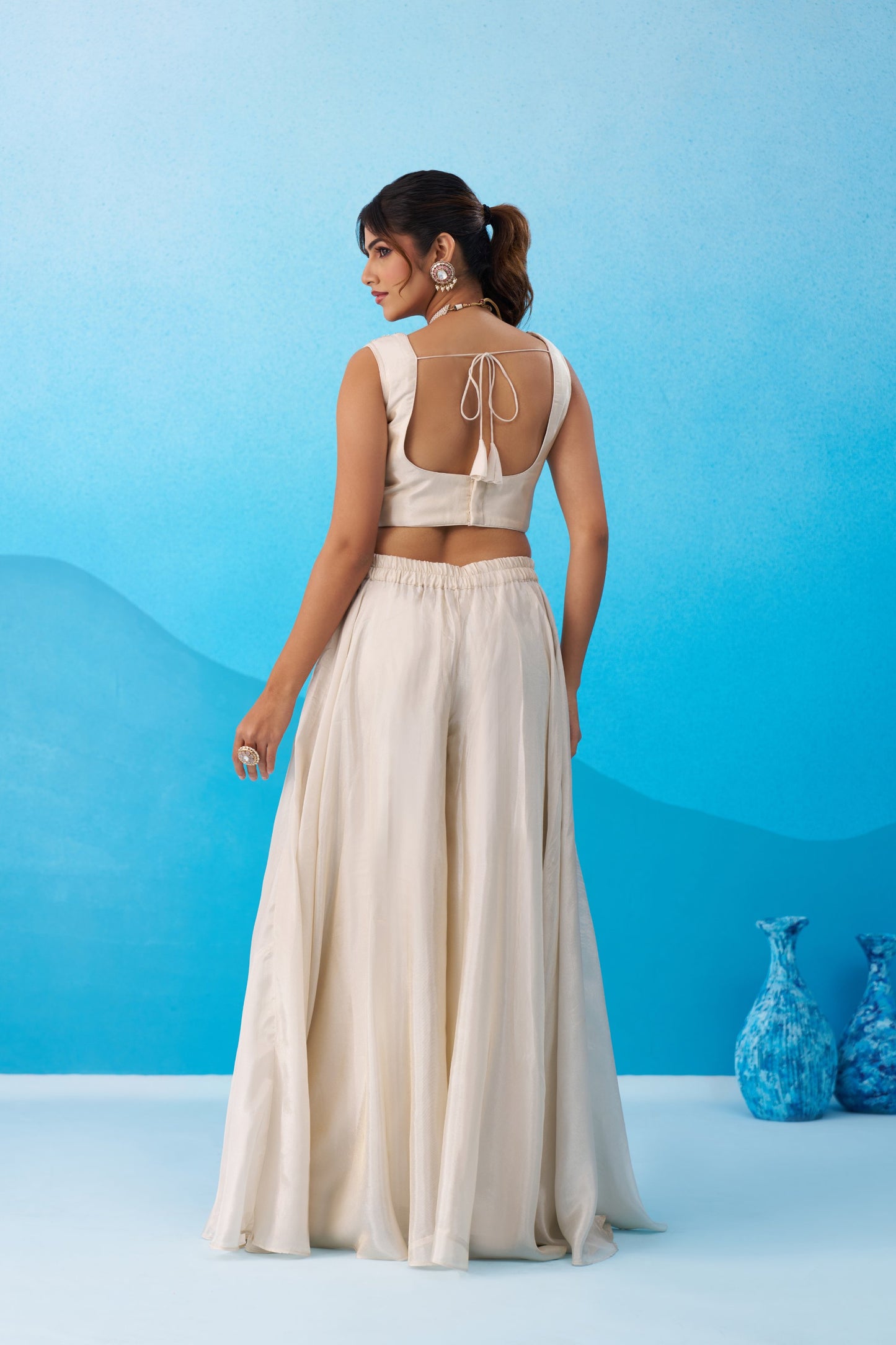 Cream Viscose Beads Embroidered Crop Top Palazzo Set