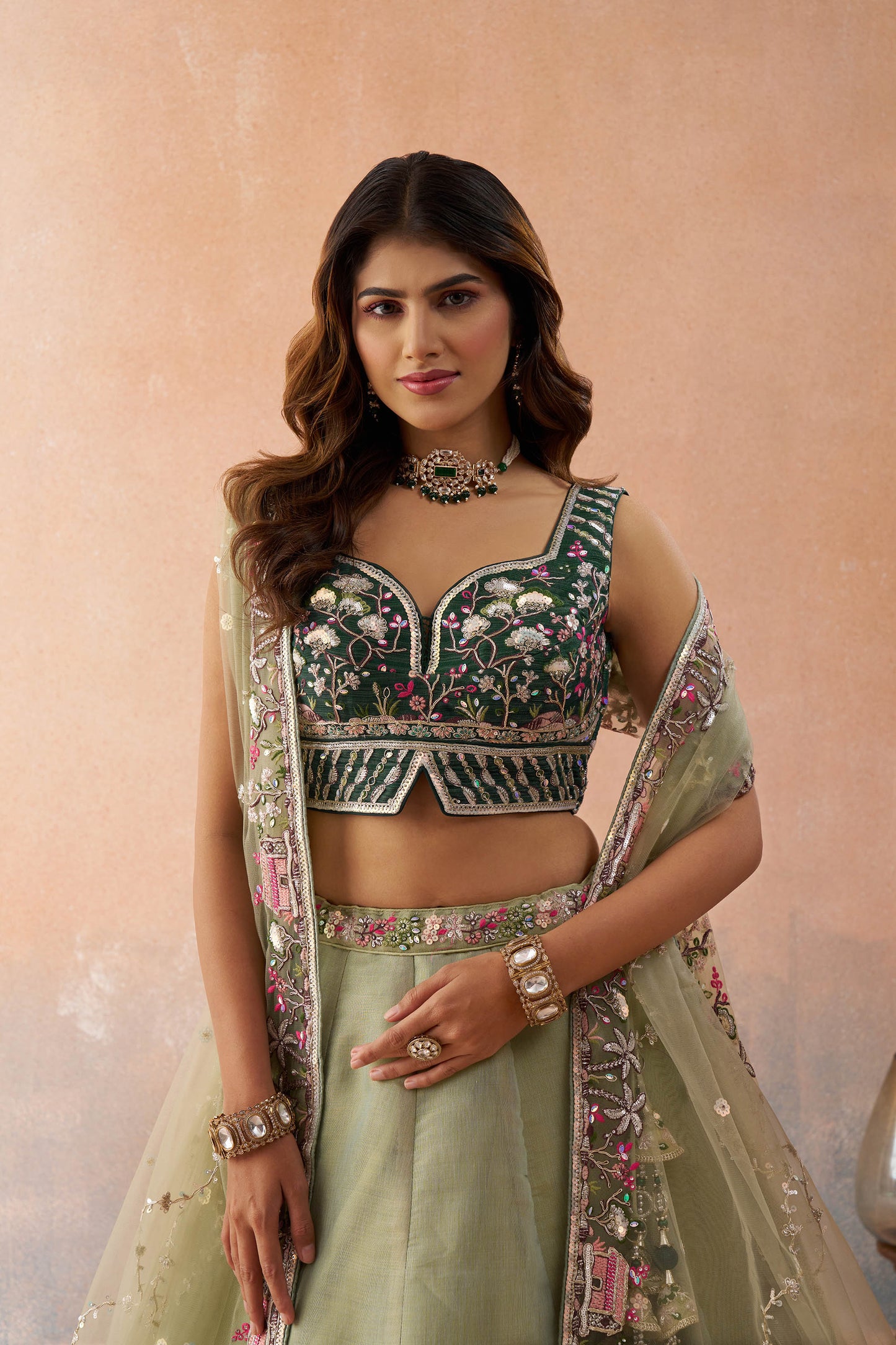 Ombre Green and Lime Green Net Sequins Embroidered Bridal Lehenga choli for Mehendi