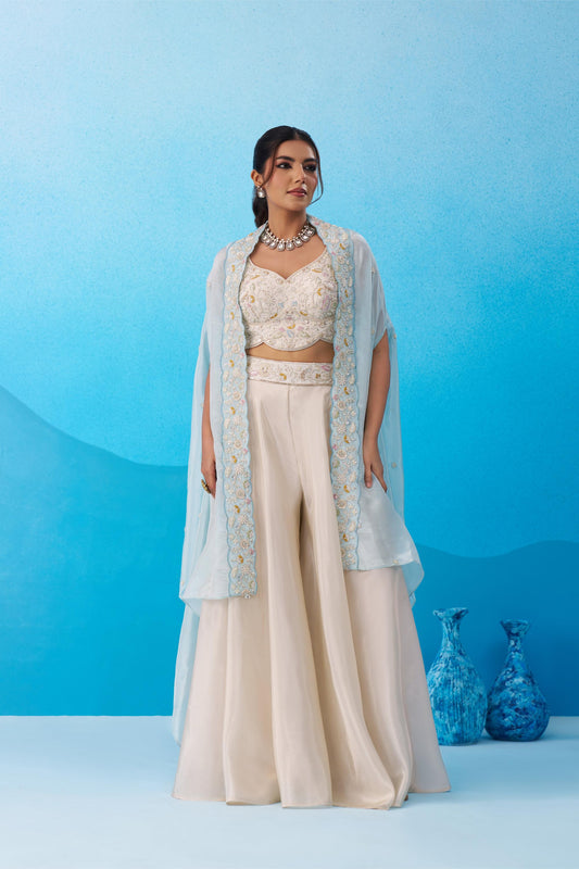 Cream & Sky Blue Viscose Beads Embroidered Crop Top Palazzo Set
