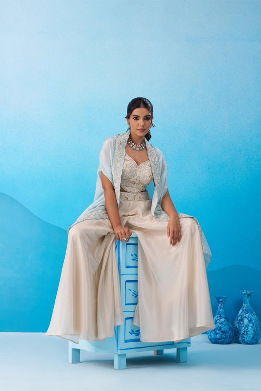 Cream & Sky Blue Viscose Beads Embroidered Crop Top Palazzo Set