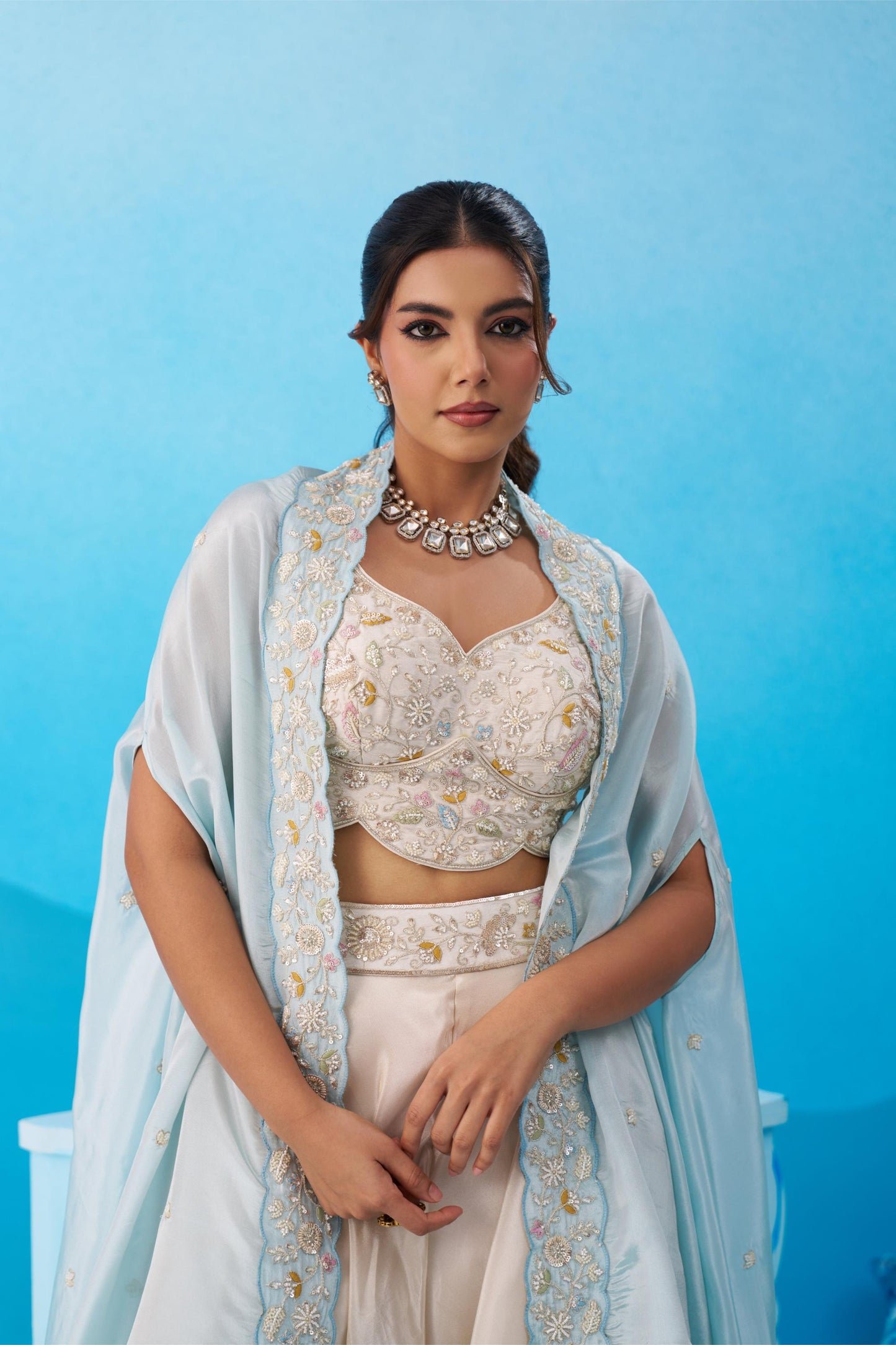 Cream & Sky Blue Viscose Beads Embroidered Crop Top Palazzo Set