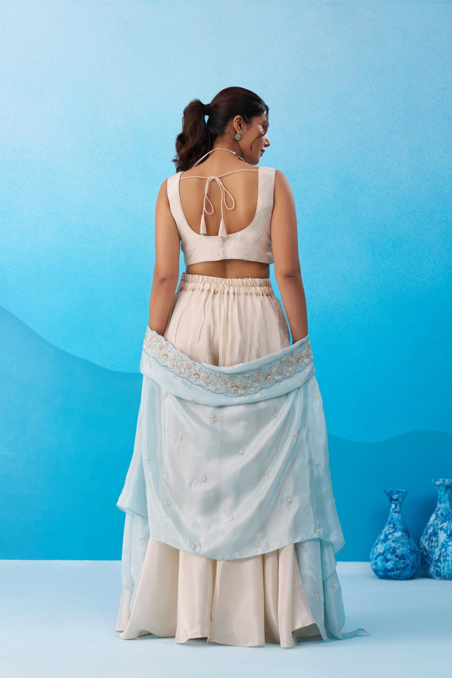 Cream & Sky Blue Viscose Beads Embroidered Crop Top Palazzo Set