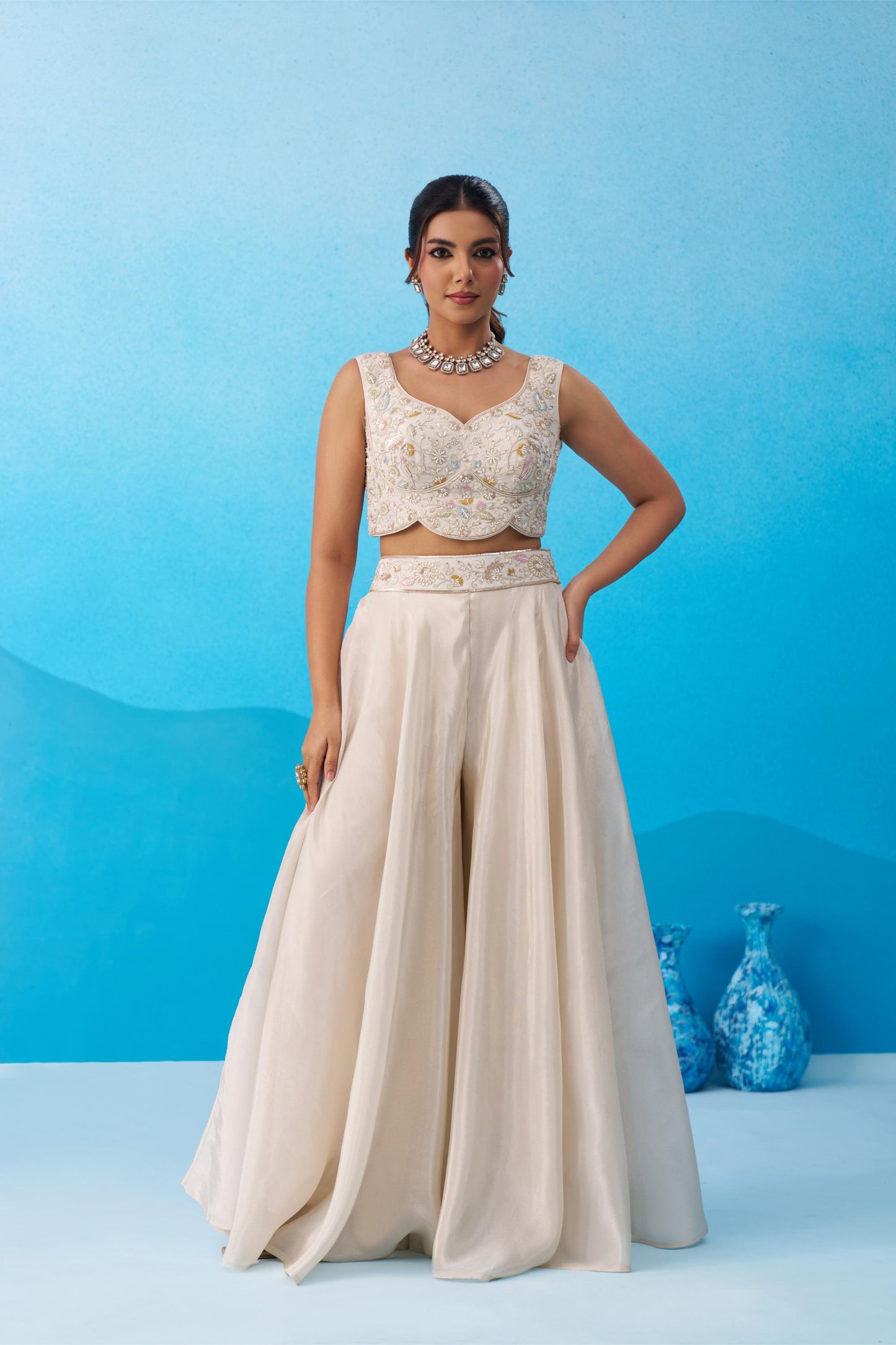 Cream & Sky Blue Viscose Beads Embroidered Crop Top Palazzo Set