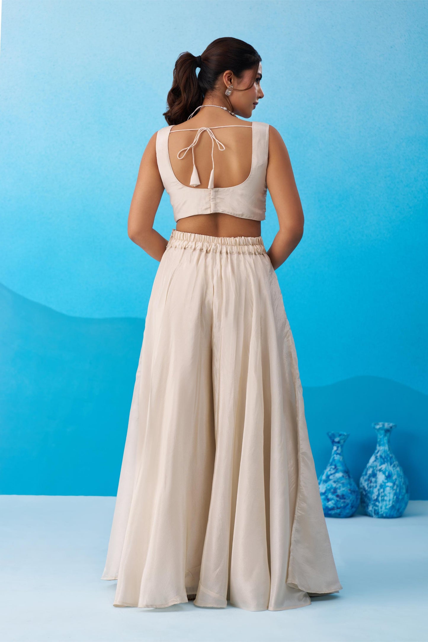 Cream & Sky Blue Viscose Beads Embroidered Crop Top Palazzo Set