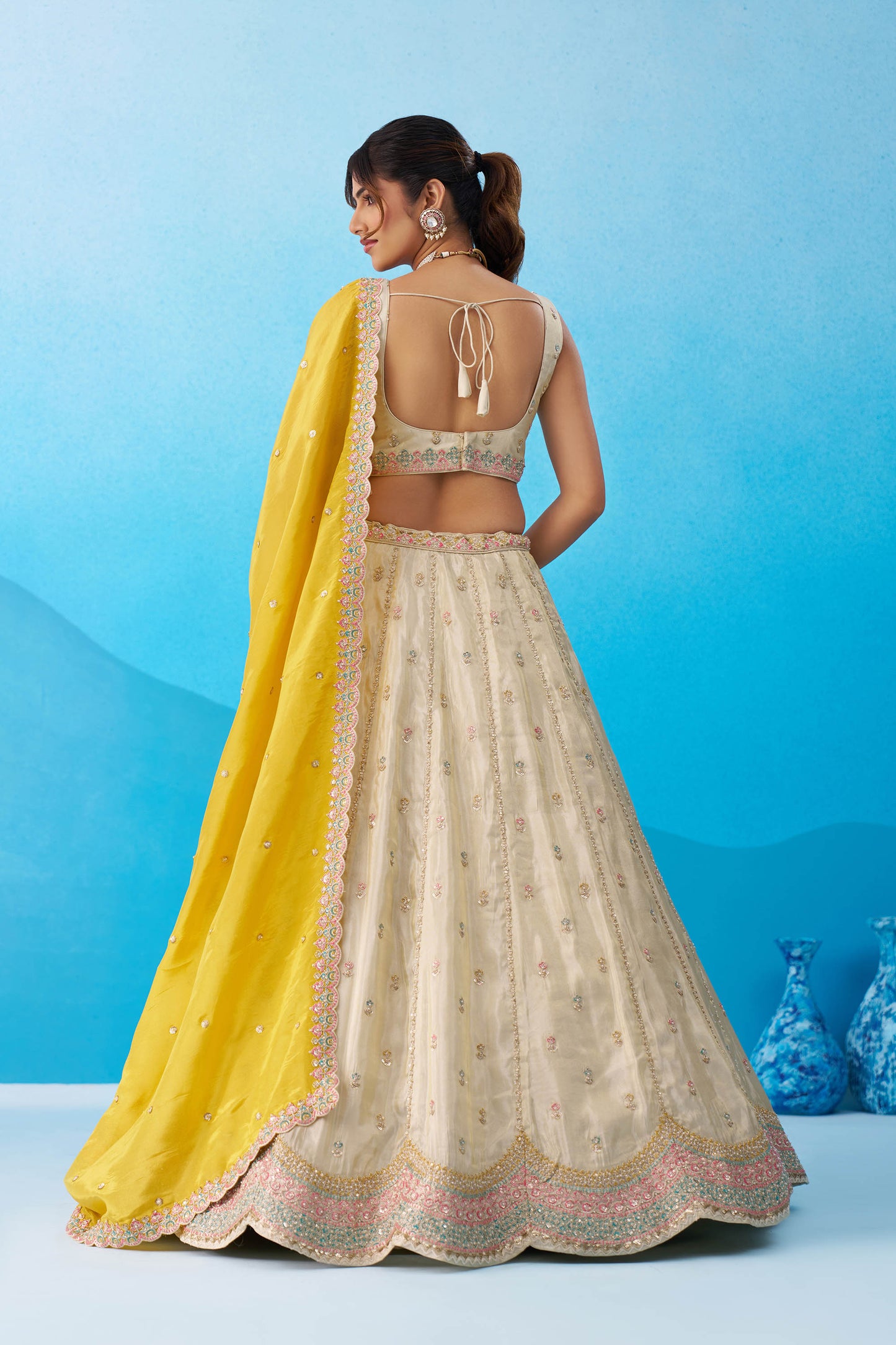 Cream & Mustard Tissue Sequins Embroidered Wedding Guest Lehenga