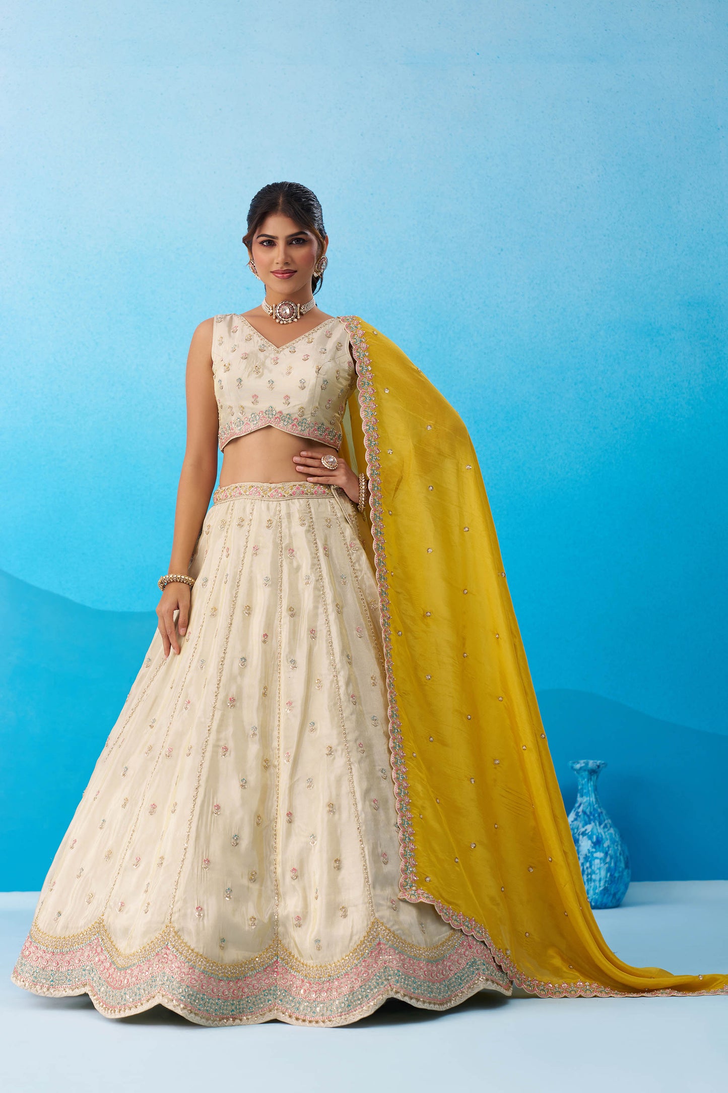 Cream & Mustard Tissue Sequins Embroidered Wedding Guest Lehenga