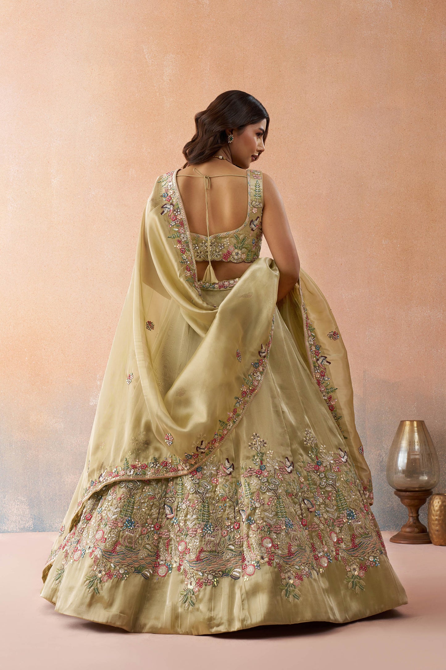 Beige Tissue Sequinned with Zarkan Embroidered Bridesmaid Lehenga for Sangeet