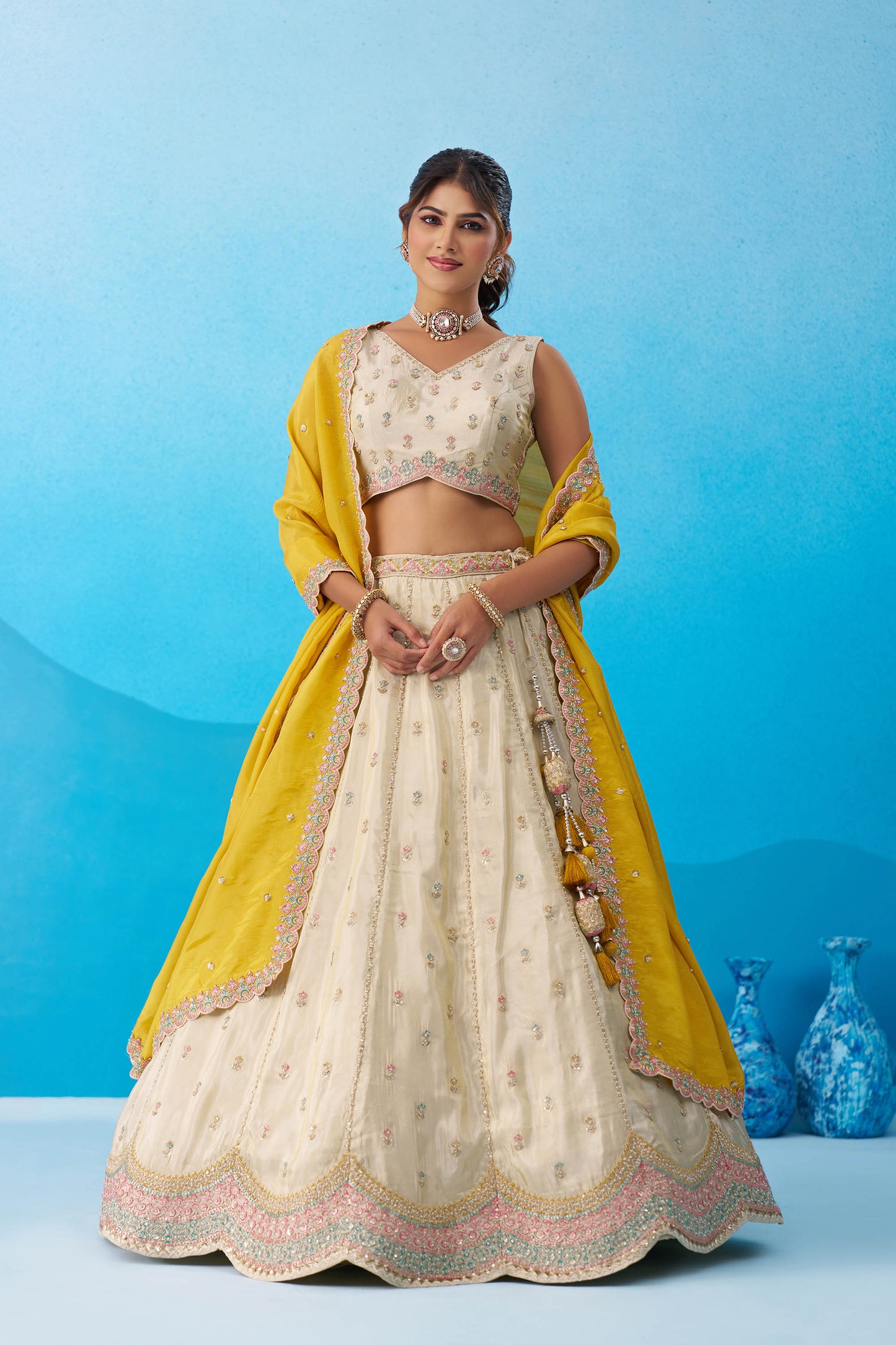 Cream & Mustard Tissue Sequins Embroidered Wedding Guest Lehenga