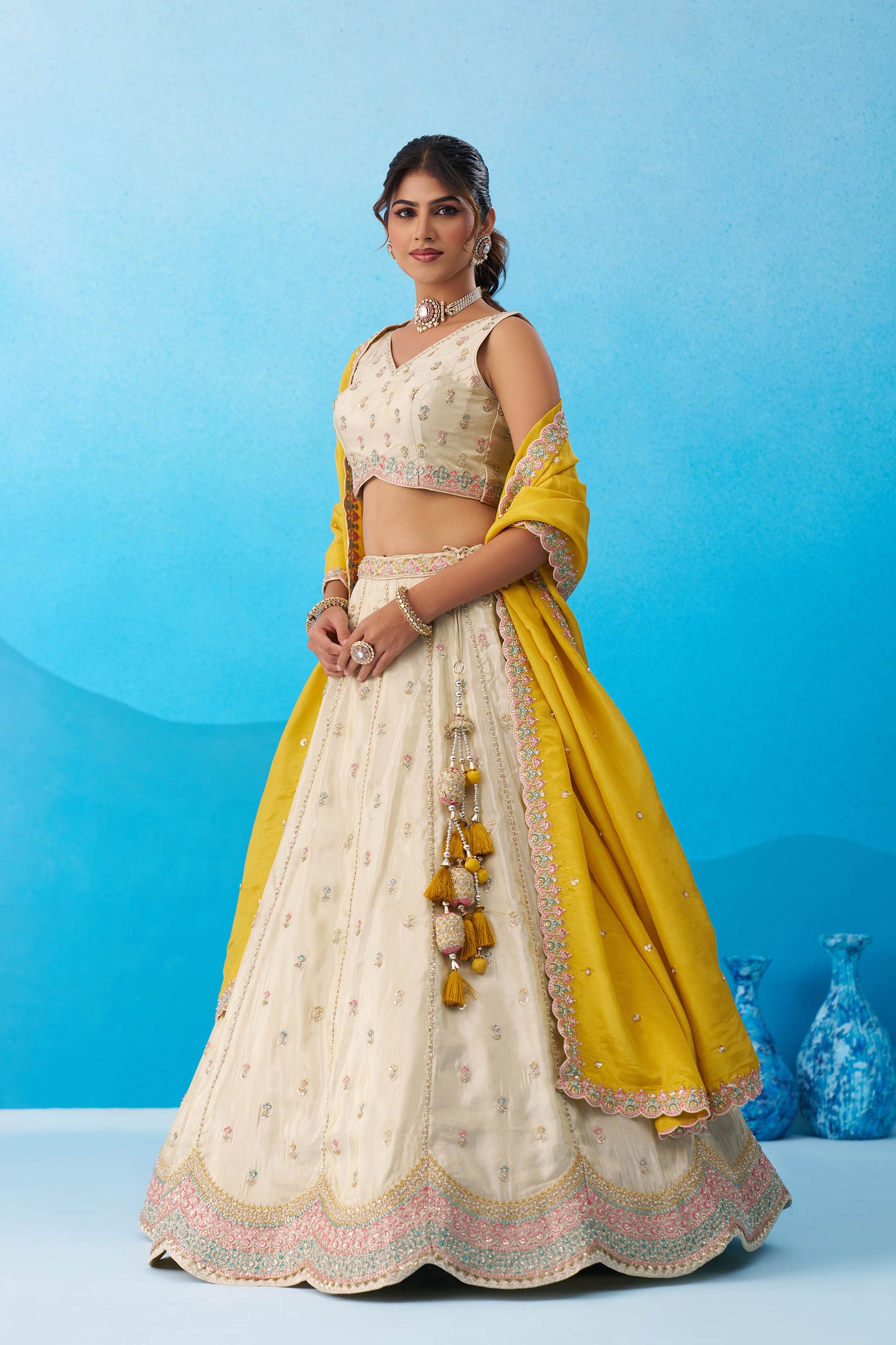 Cream & Mustard Tissue Sequins Embroidered Wedding Guest Lehenga