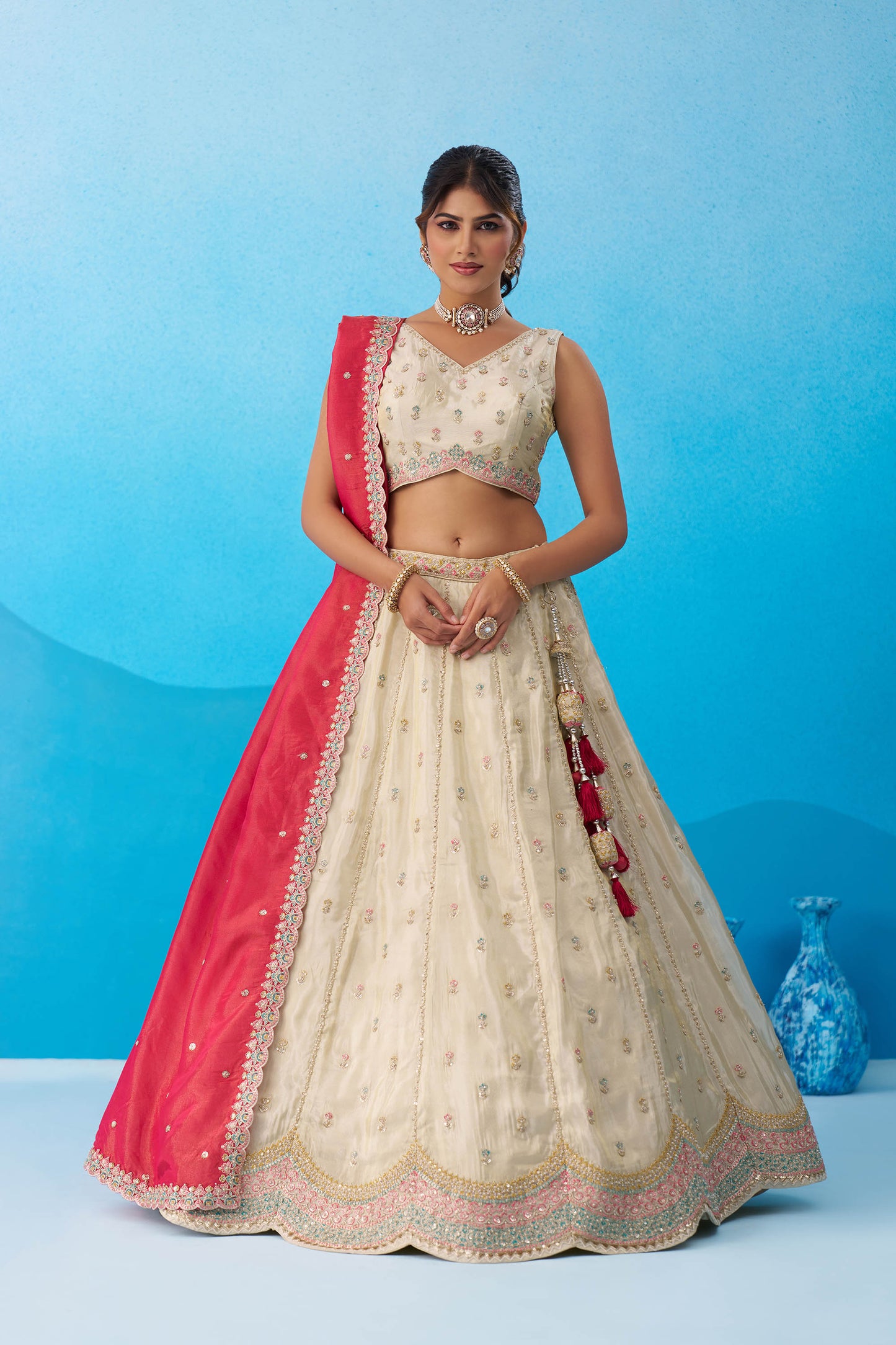 Cream & Pink Tissue Sequins Embroidered Wedding Guest Lehenga