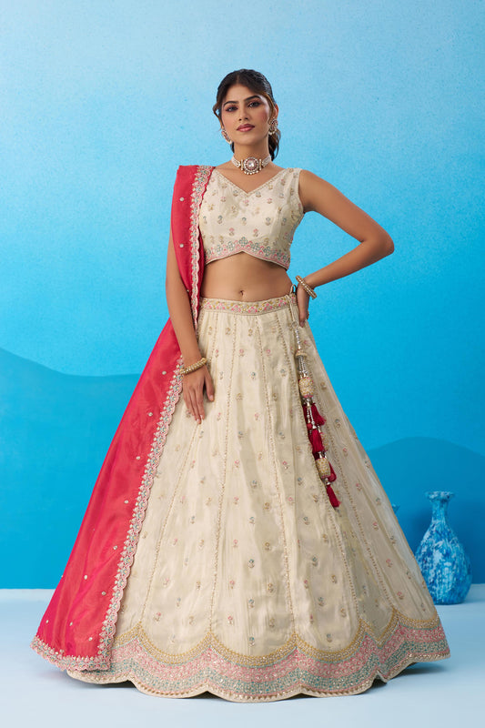 Cream & Pink Tissue Sequins Embroidered Wedding Guest Lehenga