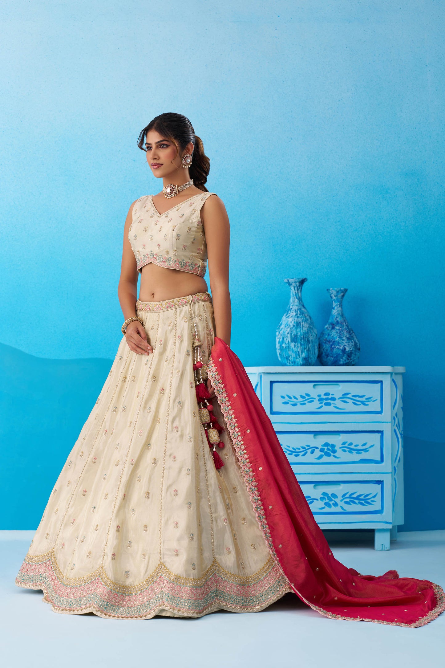 Cream & Pink Tissue Sequins Embroidered Wedding Guest Lehenga